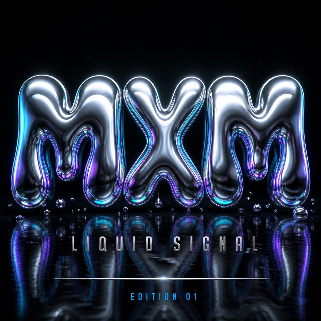 "MXM
LIQUID SIGNAL
EDITION 01" — Cyberpunk Chrome text effect