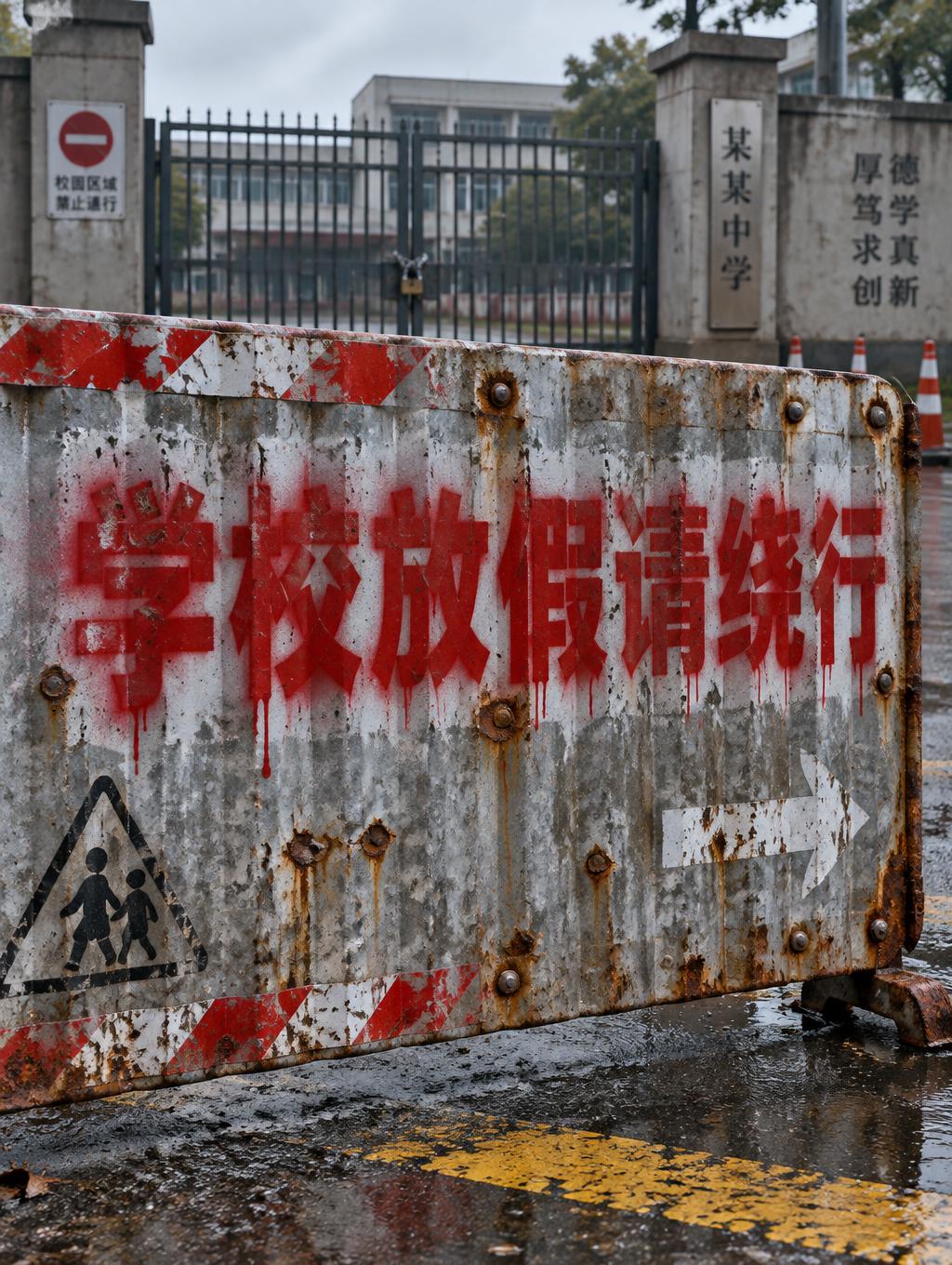 "学校放假请绕行" — Stencil text effect