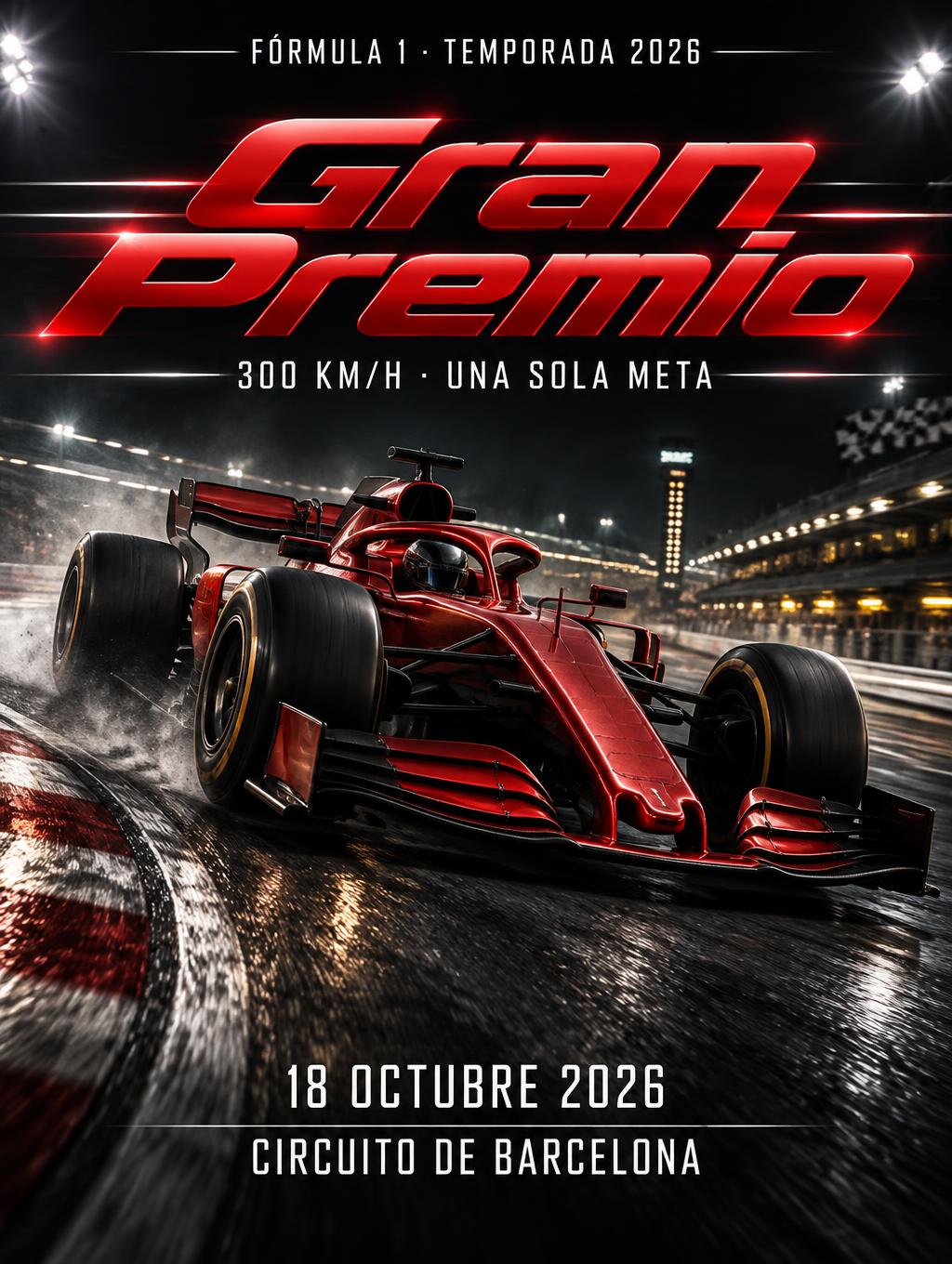 "Gran Premio
FÓRMULA 1 · TEMPORADA 2026
300 KM/H · UNA SOLA META
18 OCTUBRE 2026
CIRCUITO DE BARCELONA" — Racing | AI Text Effect Generator