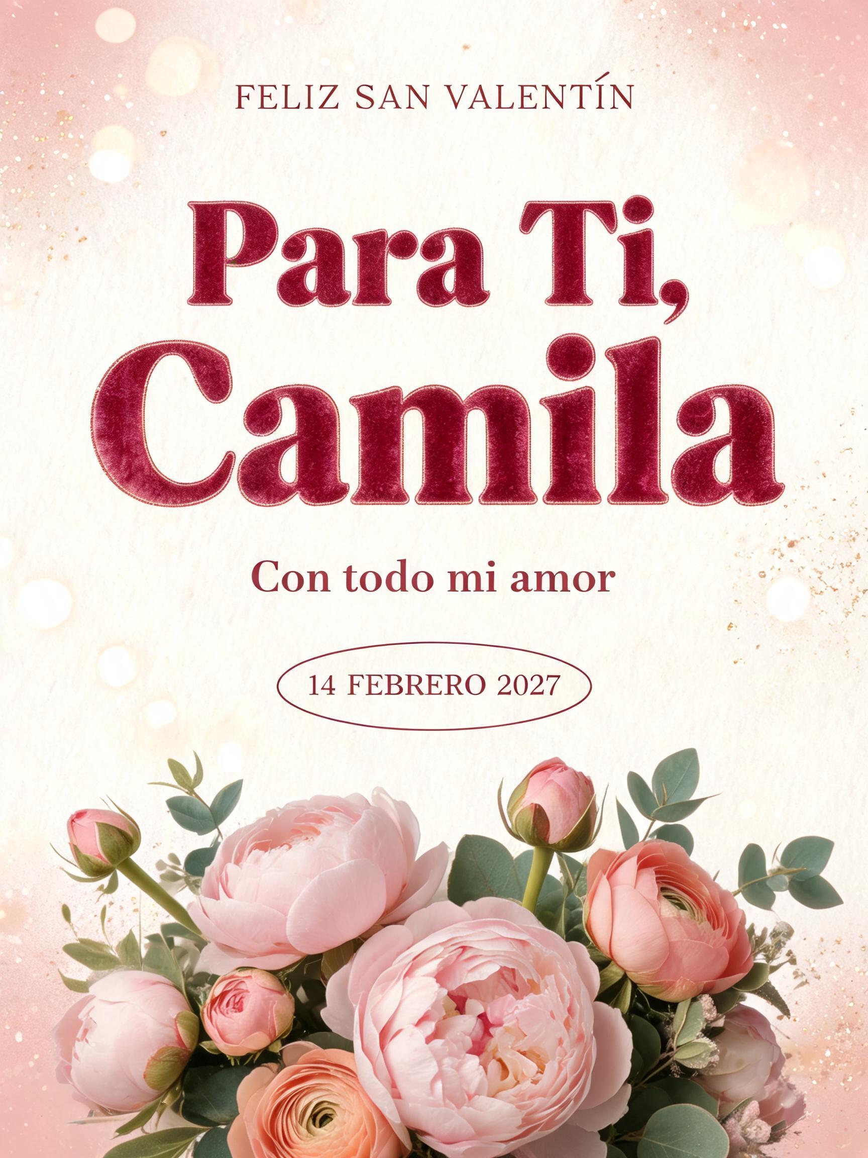 Para Ti, Camila
FELIZ SAN VALENTÍN
Con todo mi amor
14 FEBRERO 2027
