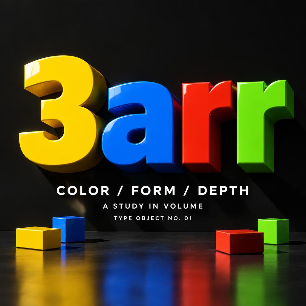 "3arr
COLOR / FORM / DEPTH
A STUDY IN VOLUME
TYPE OBJECT NO. 01" — 3d Bold | AI Text Effect Generator