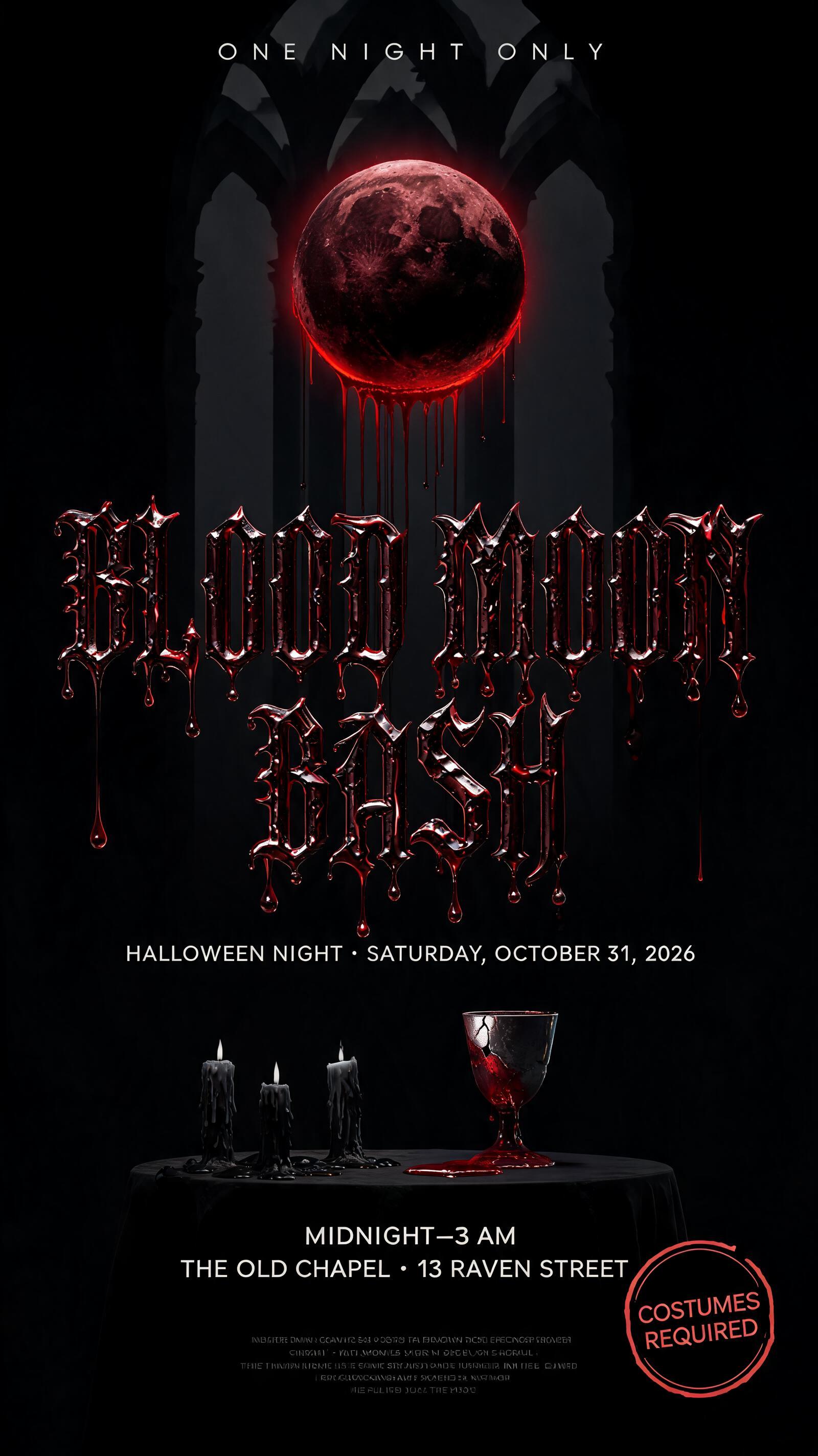 "BLOOD MOON
BASH
ONE NIGHT ONLY
HALLOWEEN NIGHT · SATURDAY, OCTOBER 31, 2026
MIDNIGHT–3 AM
THE OLD CHAPEL · 13 RAVEN STREET
COSTUMES REQUIRED" — Drip Font Blood | AI Text Effect Generator