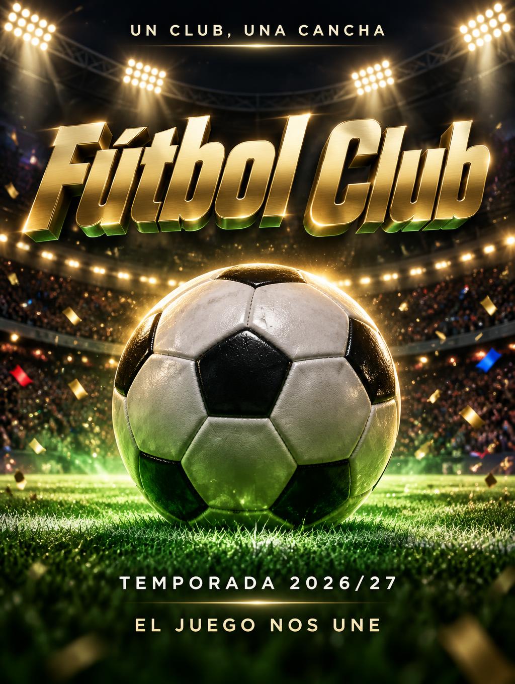 "Fútbol Club
UN CLUB, UNA CANCHA
TEMPORADA 2026/27
EL JUEGO NOS UNE" — Sports Football | AI Text Effect Generator