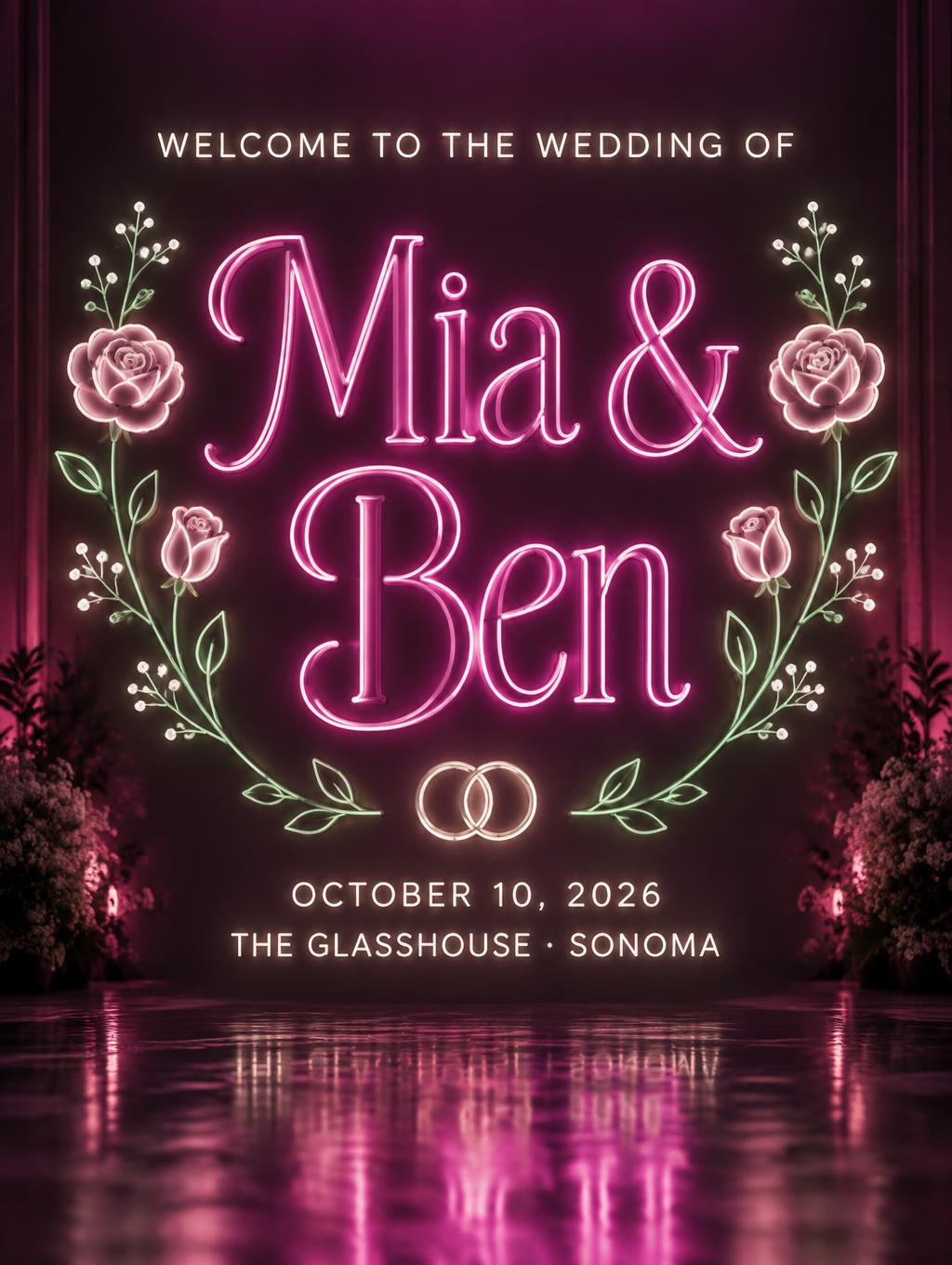 "Mia & Ben
WELCOME TO THE WEDDING OF
OCTOBER 10, 2026
THE GLASSHOUSE · SONOMA" — Neon Outline | AI Text Effect Generator