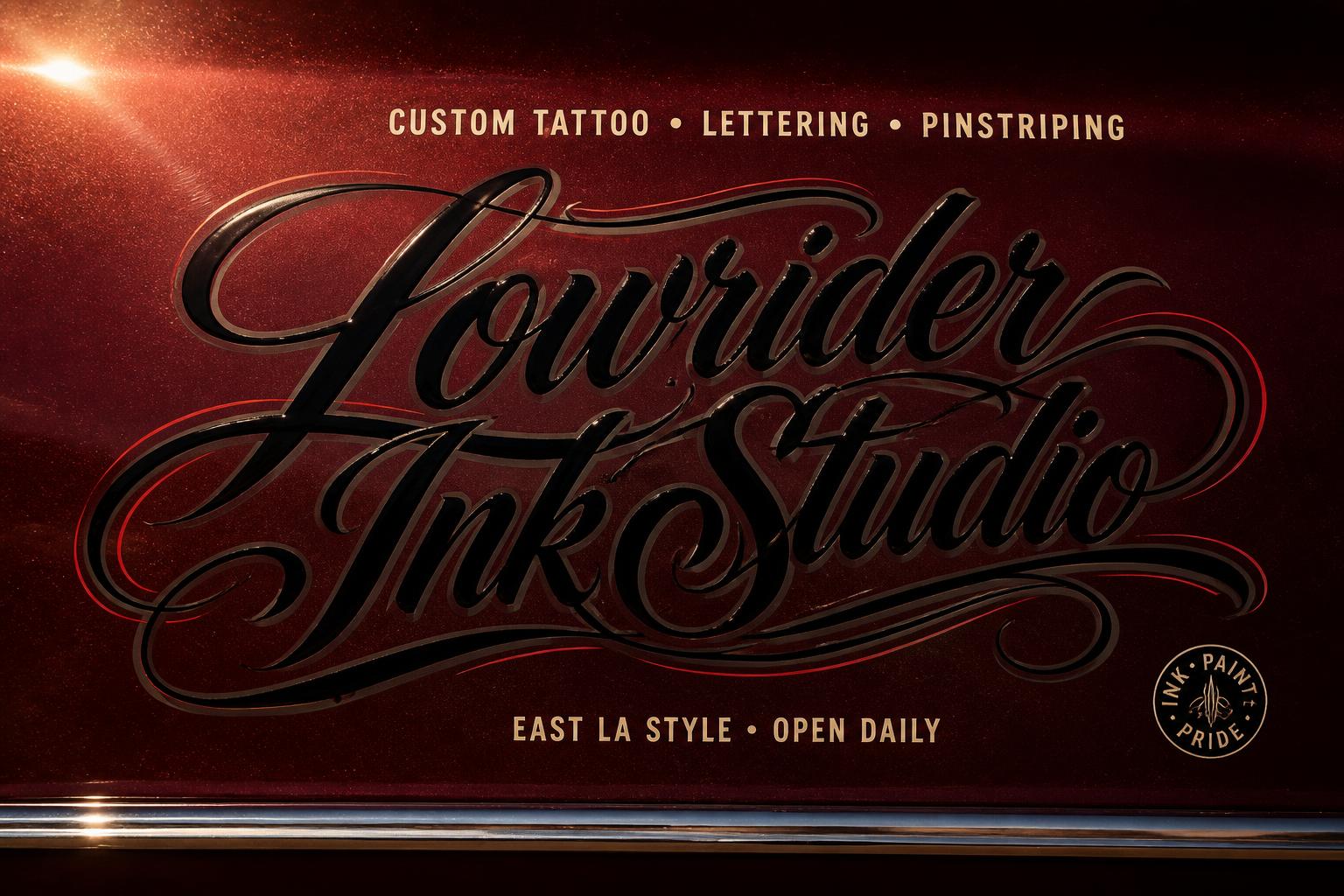 "Lowrider Ink Studio
CUSTOM TATTOO • LETTERING • PINSTRIPING
EAST LA STYLE • OPEN DAILY
INK • PAINT • PRIDE" — Chicano | AI Text Effect Generator
