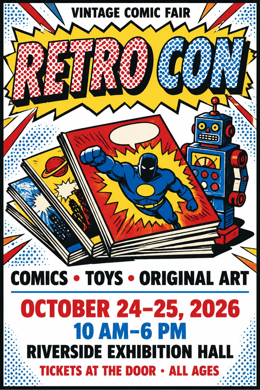 "RETRO CON
VINTAGE COMIC FAIR
COMICS • TOYS • ORIGINAL ART
OCTOBER 24–25, 2026
10 AM–6 PM
RIVERSIDE EXHIBITION HALL
TICKETS AT THE DOOR · ALL AGES" — Pop Art | AI Text Effect Generator