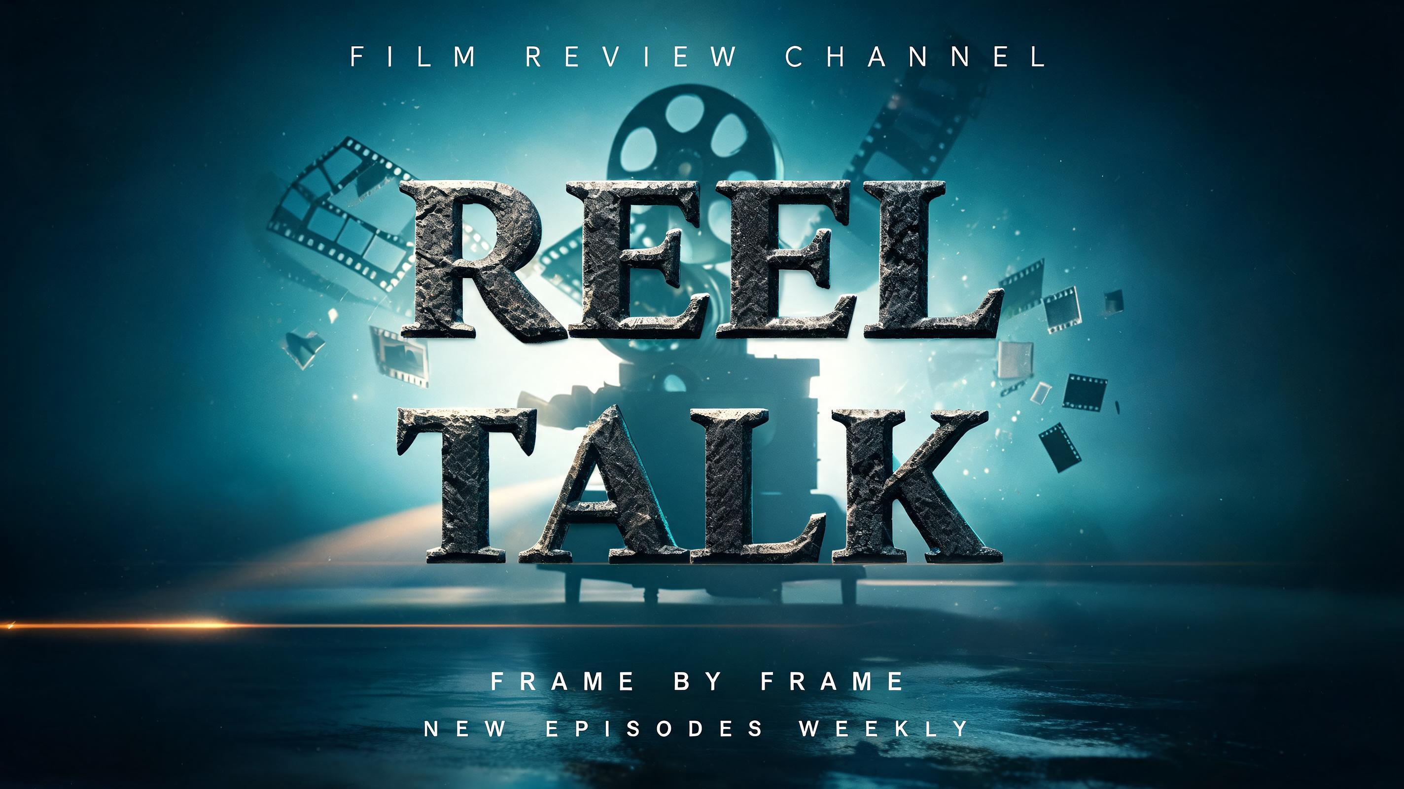 "REEL TALK
FILM REVIEW CHANNEL
FRAME BY FRAME
NEW EPISODES WEEKLY" — Cinematic | AI Text Effect Generator
