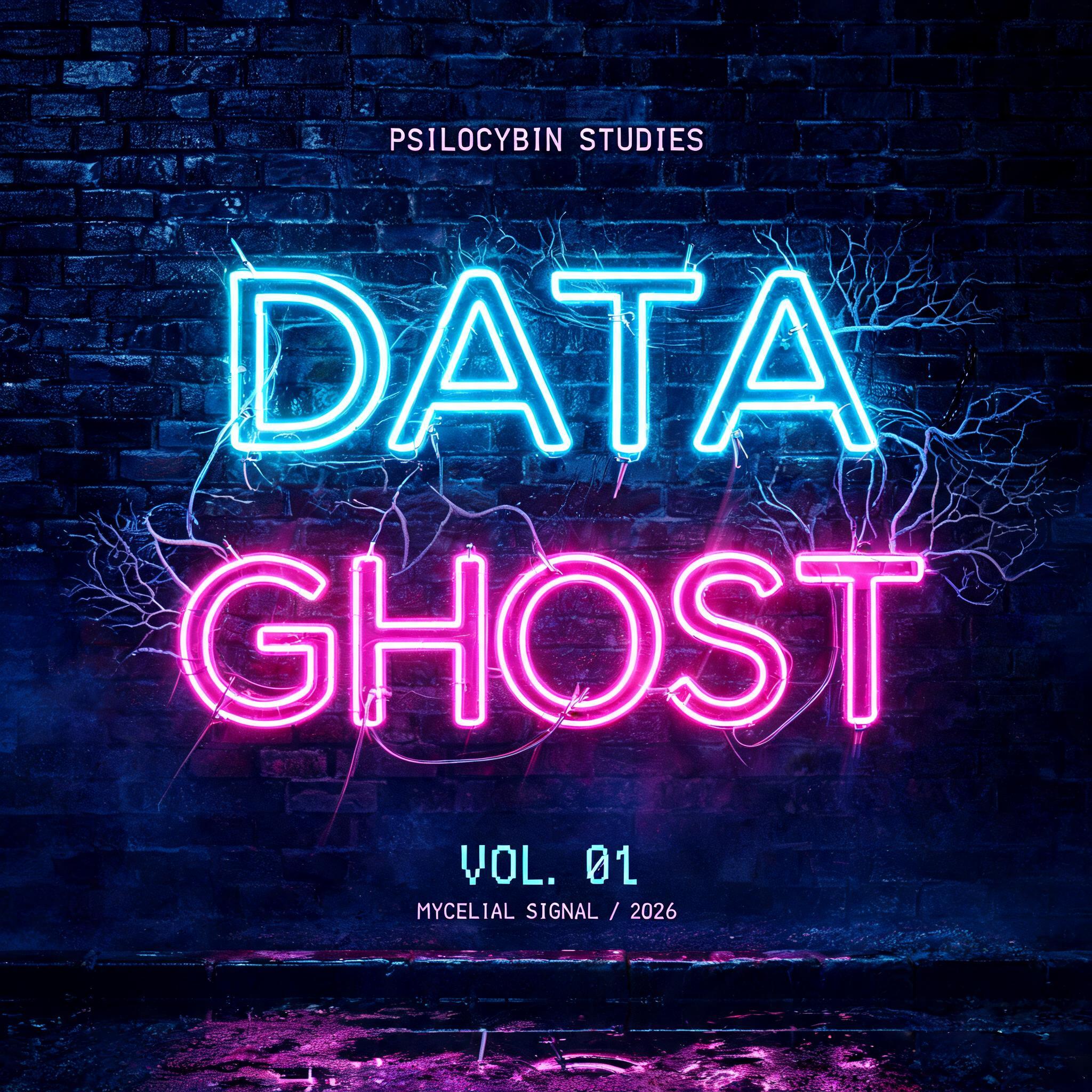 "Data Ghost
PSILOCYBIN STUDIES
VOL. 01
MYCELIAL SIGNAL / 2026" — Neon Glow | AI Text Effect Generator