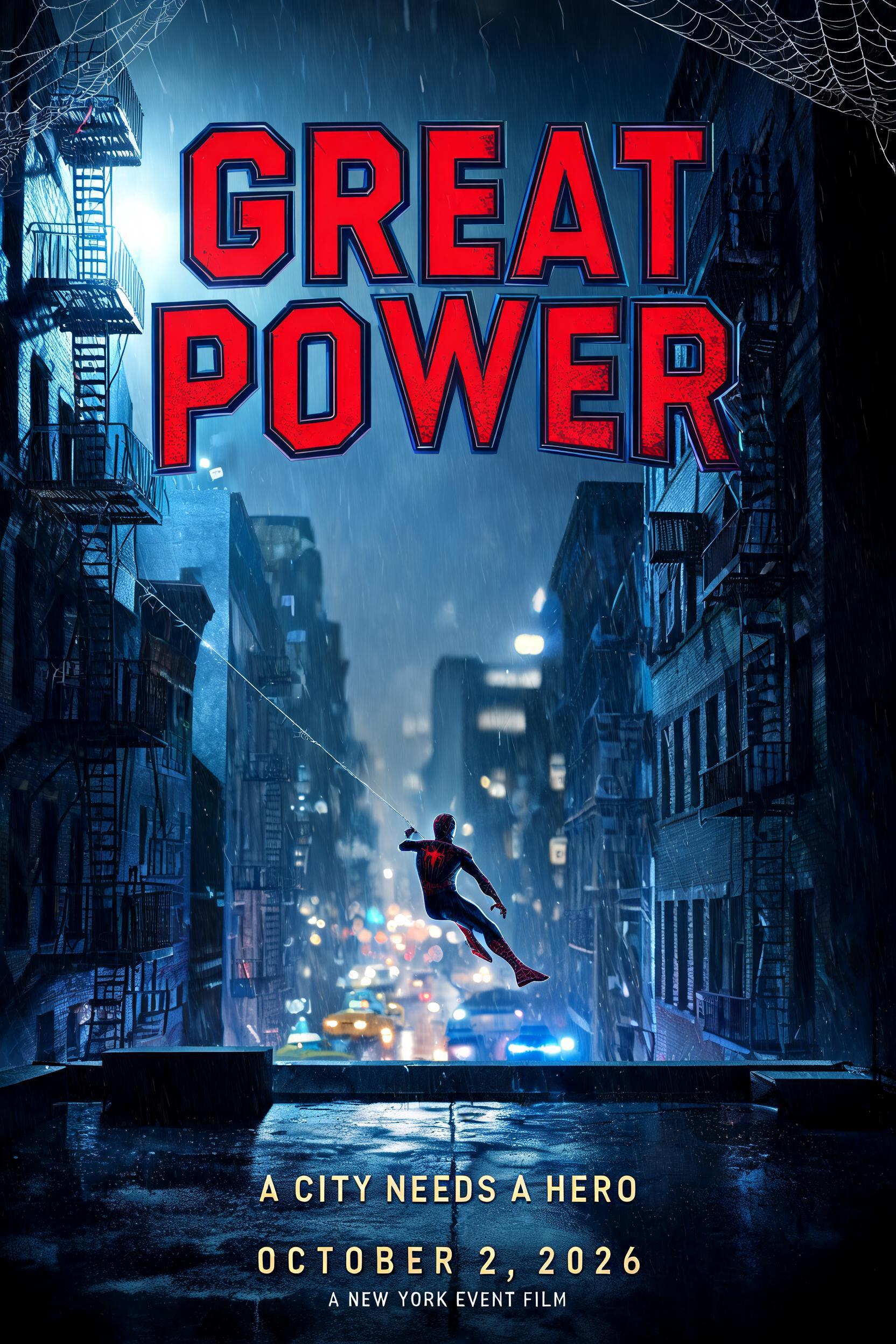 "GREAT
POWER
A CITY NEEDS A HERO
OCTOBER 2, 2026
A NEW YORK EVENT FILM" — Spider Hero text effect