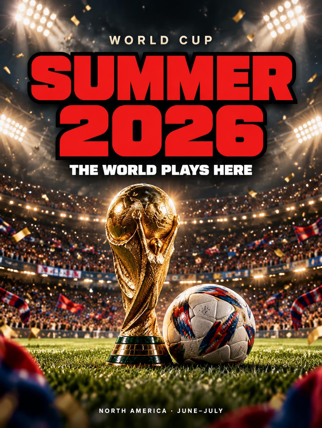 "WORLD CUP
SUMMER 2026
THE WORLD PLAYS HERE
NORTH AMERICA · JUNE–JULY" — Sports Football | AI Text Effect Generator