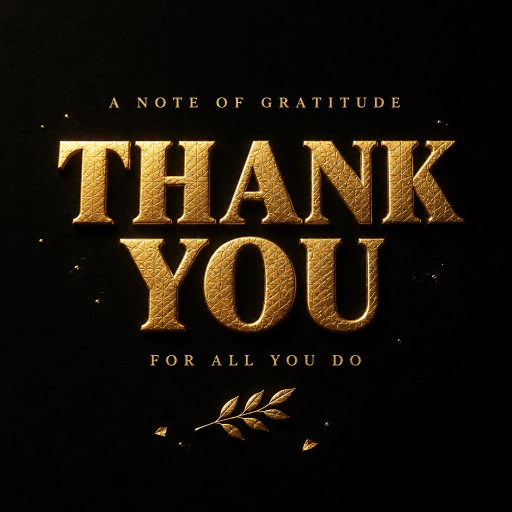 "THANK YOU
A NOTE OF GRATITUDE
FOR ALL YOU DO" — Luxury Gold | AI Text Effect Generator