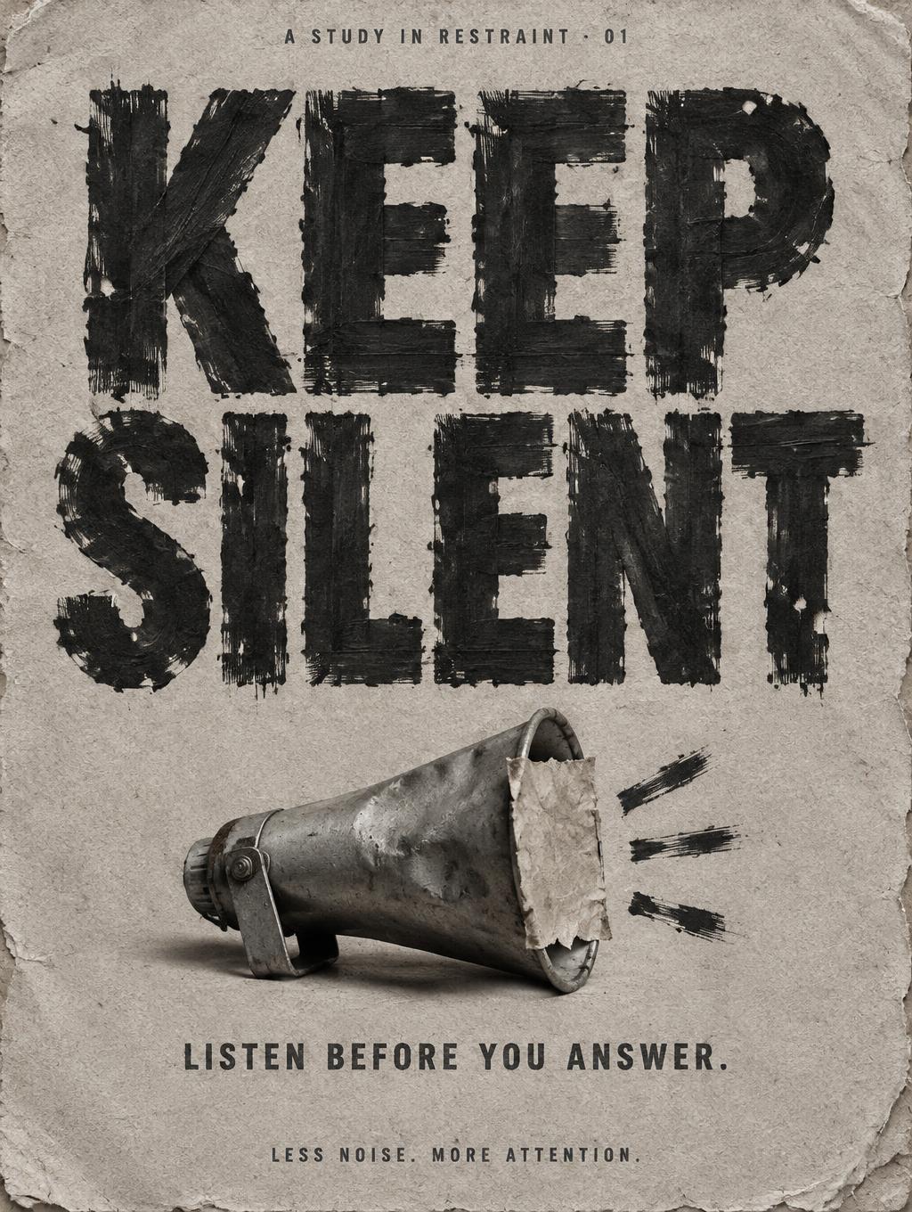 "KEEP SILENT
LISTEN BEFORE YOU ANSWER.
LESS NOISE. MORE ATTENTION.
A STUDY IN RESTRAINT · 01" — Brush Dry text effect