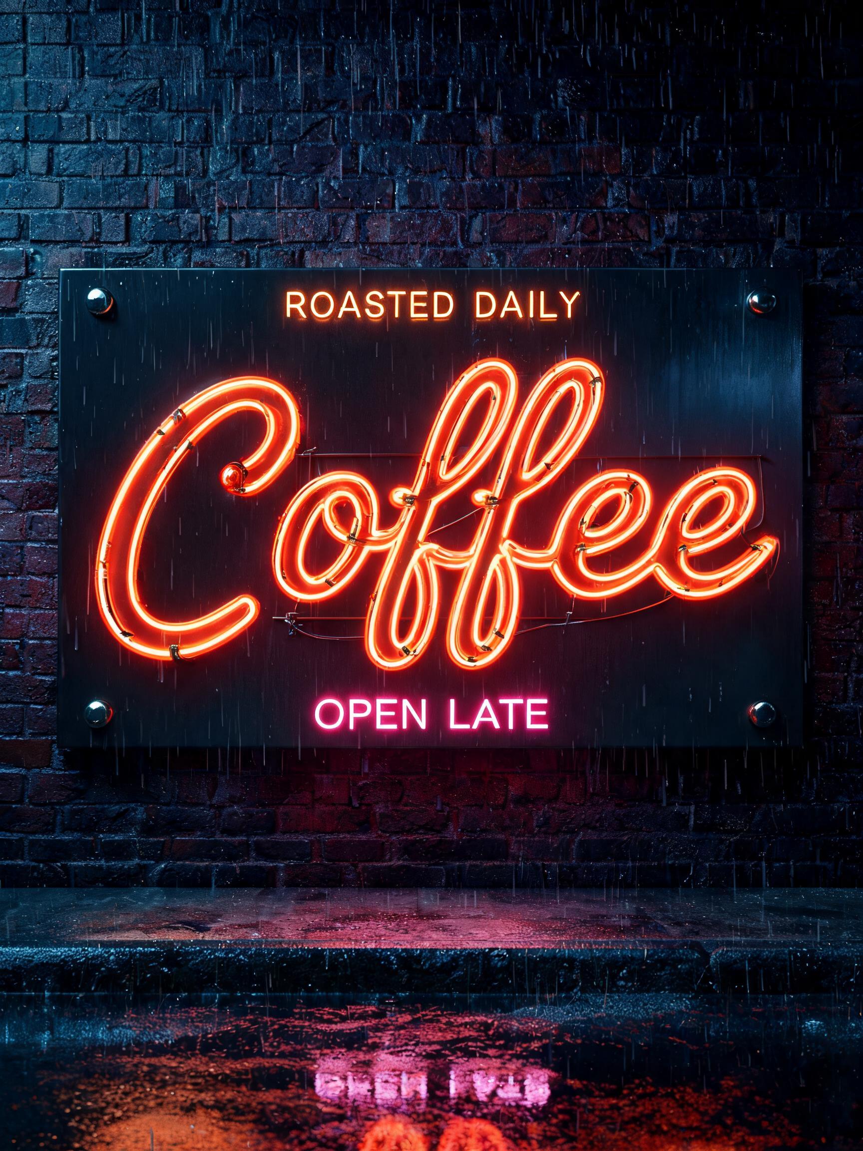 "Coffee
ROASTED DAILY
OPEN LATE" — Neon Sign text effect