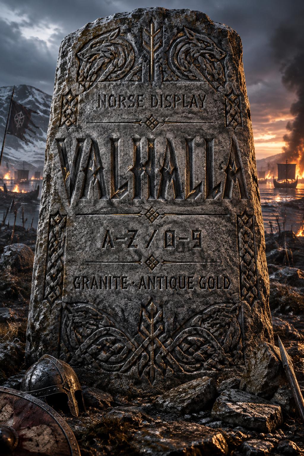 "VALHALLA
NORSE DISPLAY
A–Z / 0–9
GRANITE · ANTIQUE GOLD" — Viking | AI Text Effect Generator