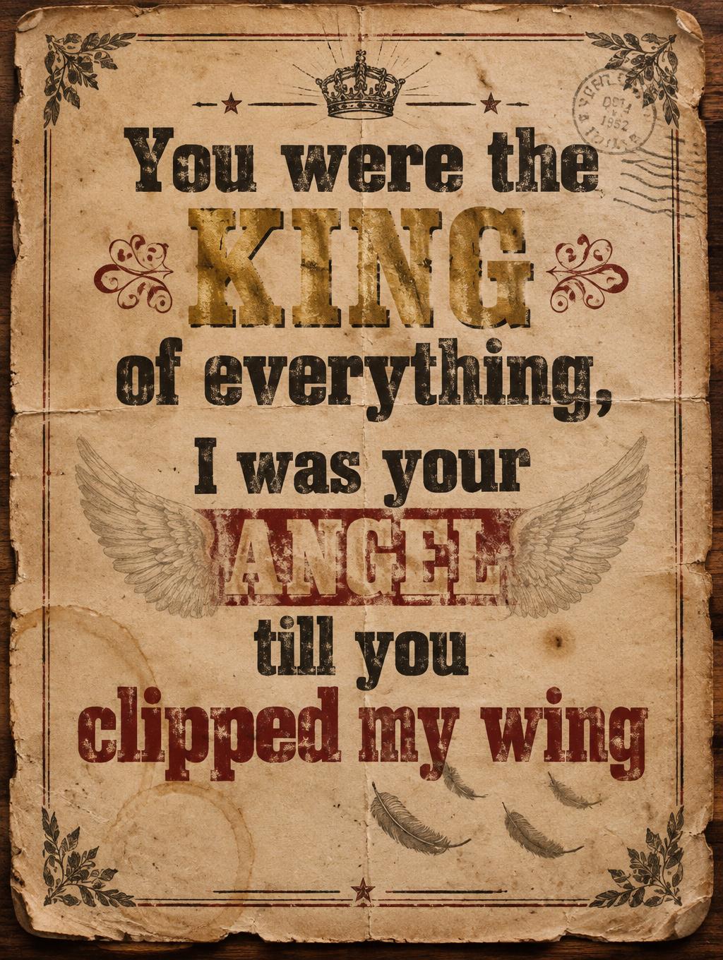 "You were the king of everything, I was your angel till you clipped my wing" — Vintage | AI Text Effect Generator