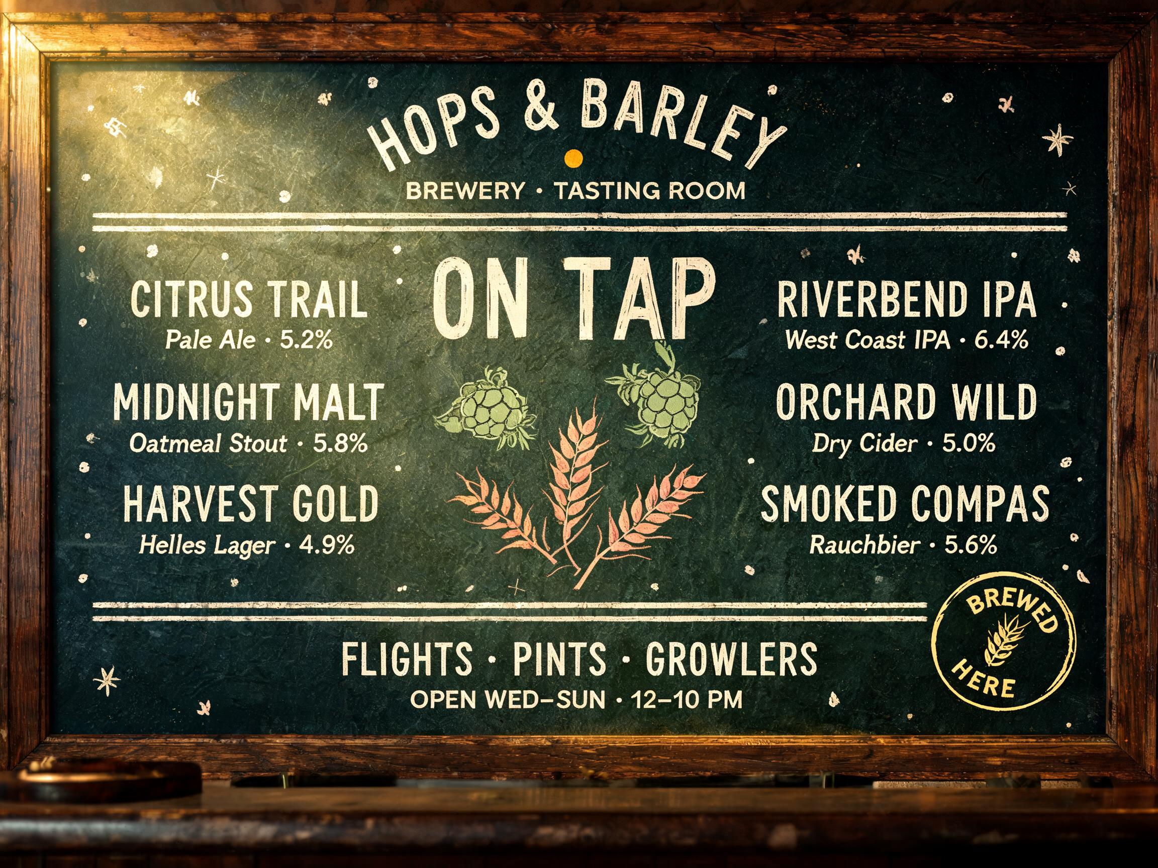 "HOPS & BARLEY
BREWERY • TASTING ROOM
ON TAP
CITRUS TRAIL
Pale Ale · 5.2%
MIDNIGHT MALT
Oatmeal Stout · 5.8%
HARVEST GOLD
Helles Lager · 4.9%
RIVERBEND IPA
West Coast IPA · 6.4%
ORCHARD WILD
Dry Cider · 5.0%
SMOKED COMPASS
Rauchbier · 5.6%
FLIGHTS • PINTS • GROWLERS
OPEN WED–SUN · 12–10 PM
BREWED HERE" — chalk text effect
