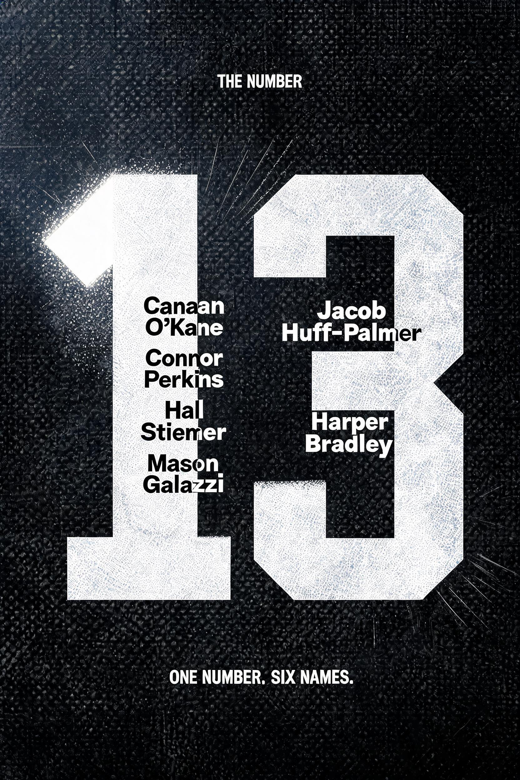 "13
Canaan O’Kane
Connor Perkins
Hal Stiemer
Mason Galazzi
Jacob Huff-Palmer
Harper Bradley
THE NUMBER
ONE NUMBER. SIX NAMES." — Sports | AI Text Effect Generator