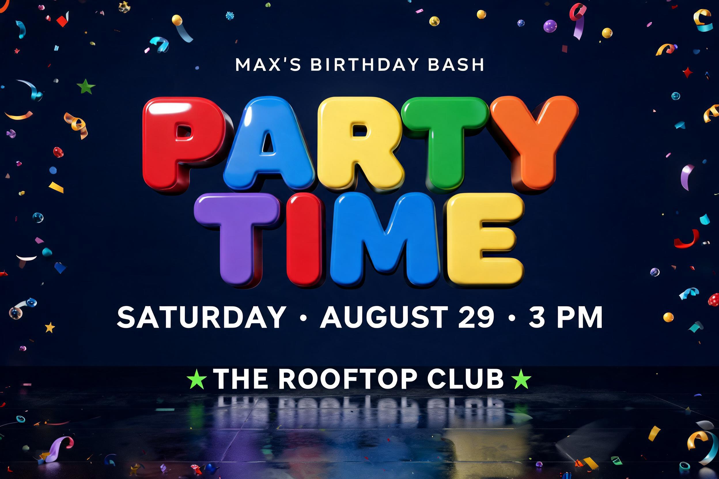 "PARTY TIME
MAX'S BIRTHDAY BASH
SATURDAY · AUGUST 29 · 3 PM
THE ROOFTOP CLUB" — 3d Bold | AI Text Effect Generator