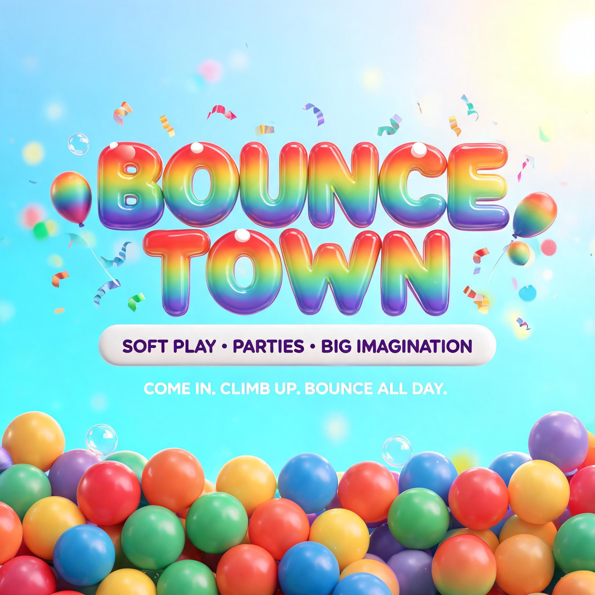 "BOUNCE
TOWN
SOFT PLAY • PARTIES • BIG IMAGINATION
COME IN. CLIMB UP. BOUNCE ALL DAY." — Rainbow | AI Text Effect Generator