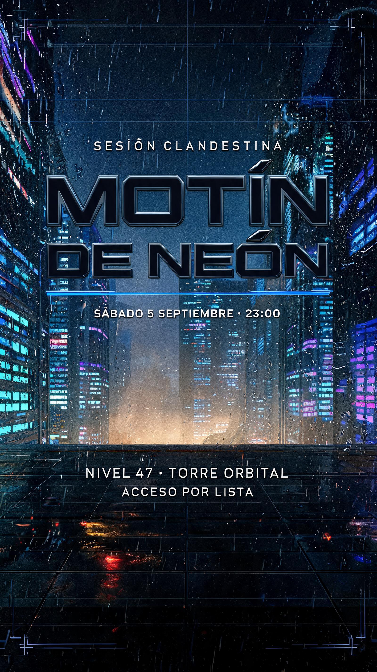 "MOTÍN DE NEÓN
SESIÓN CLANDESTINA
SÁBADO 5 SEPTIEMBRE · 23:00
NIVEL 47 · TORRE ORBITAL
ACCESO POR LISTA" — Cyberpunk 2077 | AI Text Effect Generator