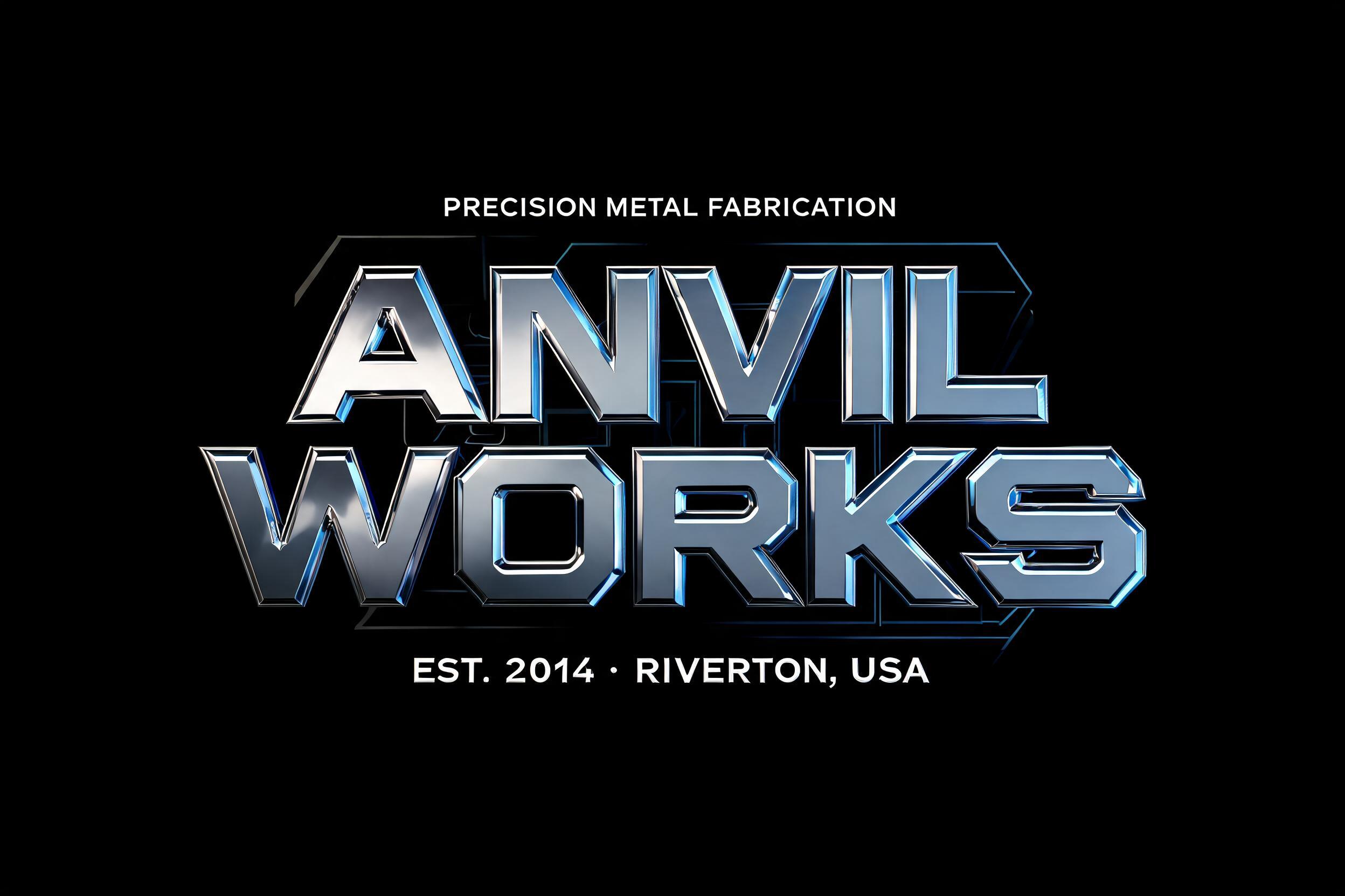 "ANVIL WORKS
PRECISION METAL FABRICATION
EST. 2014 · RIVERTON, USA" — Chrome Metal 3d | AI Text Effect Generator