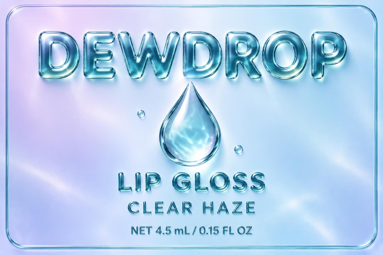 "DEWDROP
LIP GLOSS
CLEAR HAZE
NET 4.5 mL / 0.15 FL OZ" — Glass Liquid | AI Text Effect Generator