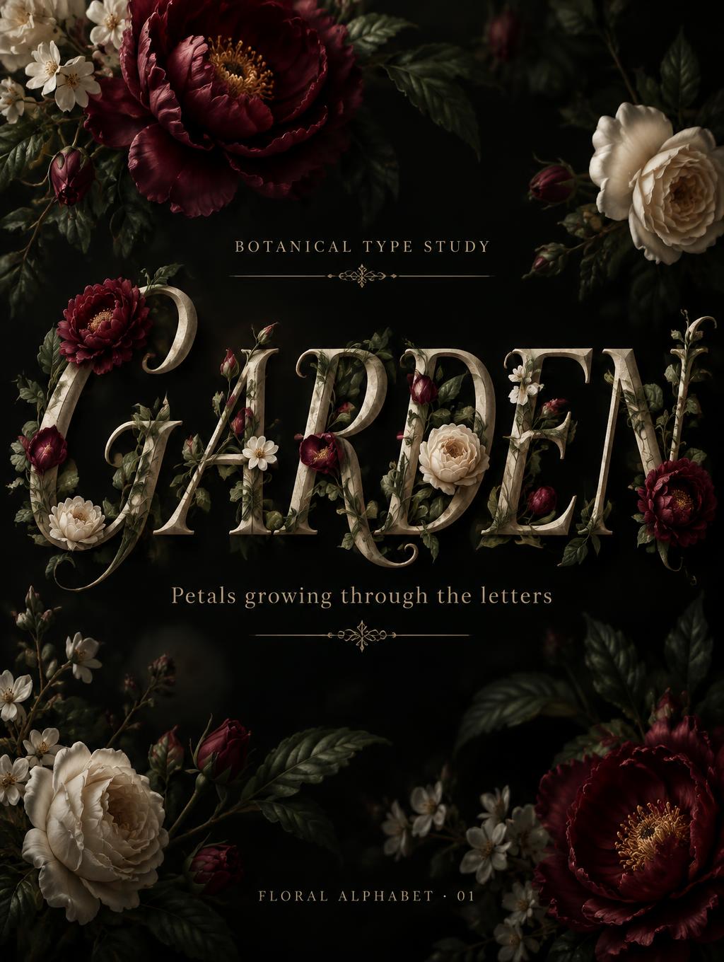 "BOTANICAL TYPE STUDY
GARDEN
Petals growing through the letters
FLORAL ALPHABET · 01" — Floral | AI Text Effect Generator