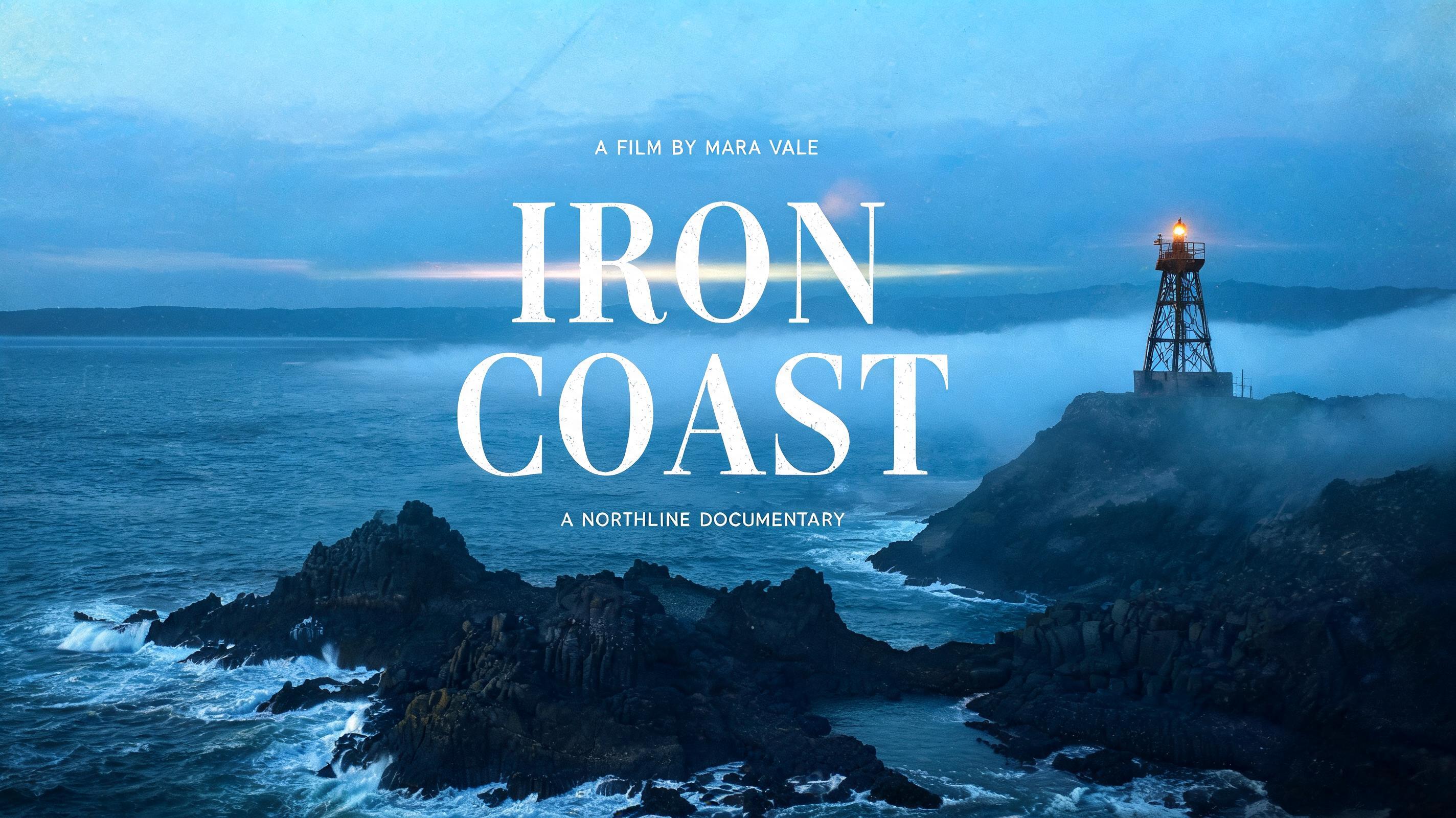 "IRON
COAST
A FILM BY MARA VALE
A NORTHLINE DOCUMENTARY" — Cinematic Netflix | AI Text Effect Generator
