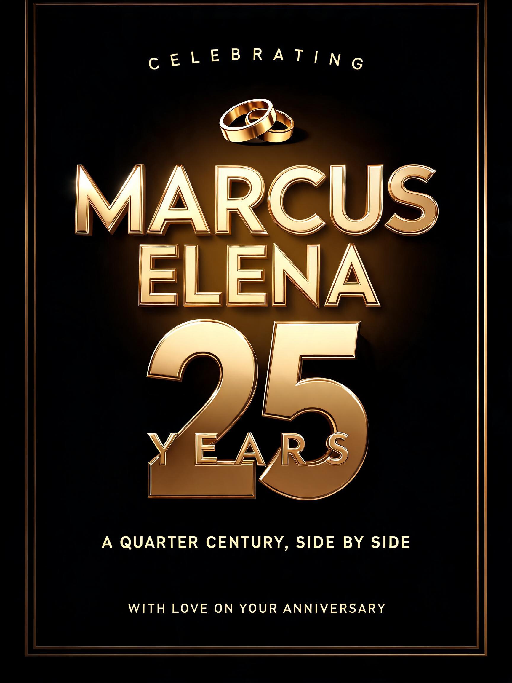 "MARCUS & ELENA
25
YEARS
CELEBRATING
A QUARTER CENTURY, SIDE BY SIDE
WITH LOVE ON YOUR ANNIVERSARY" — 3d Bold Gold | AI Text Effect Generator