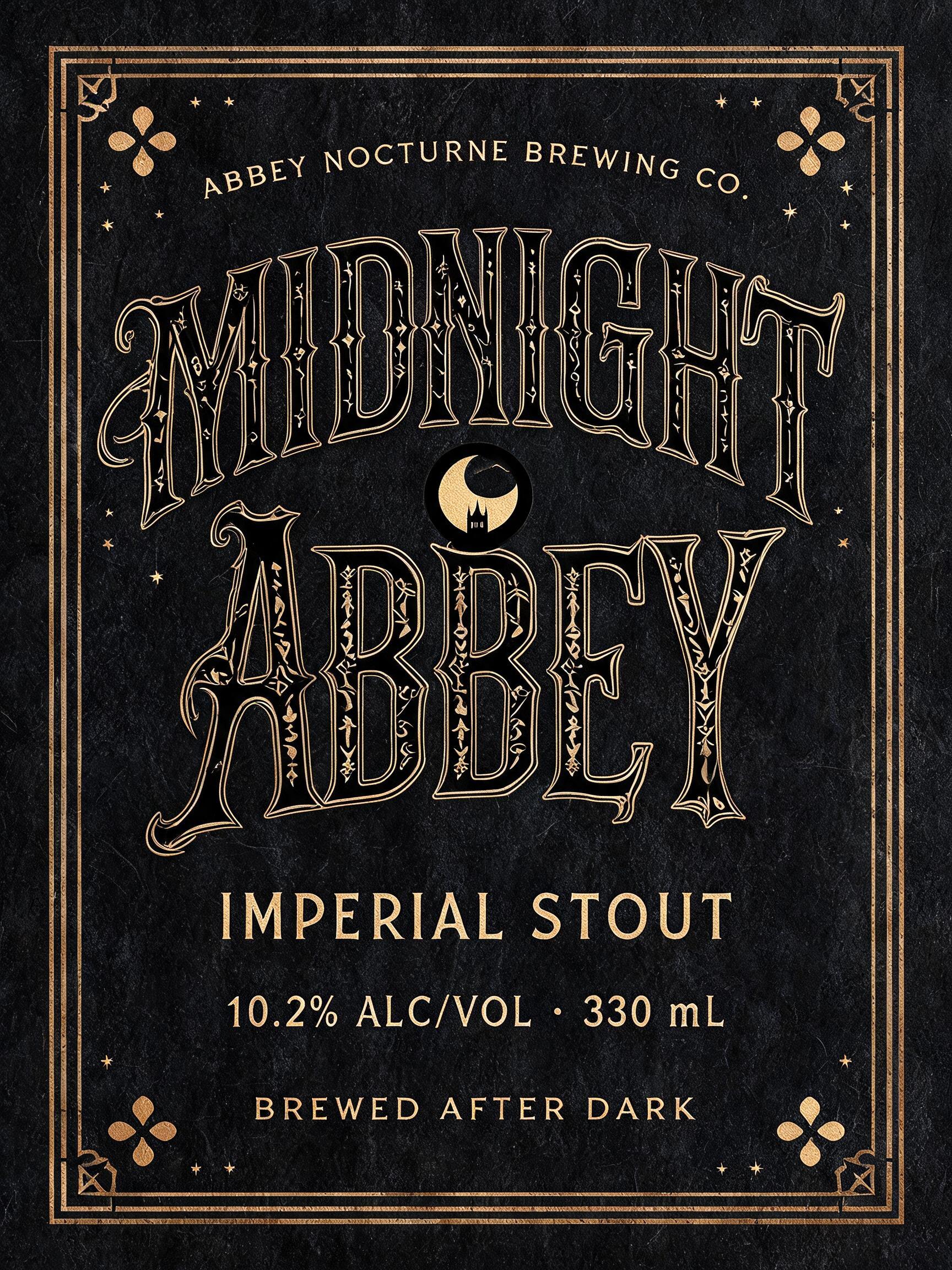 "MIDNIGHT
ABBEY
IMPERIAL STOUT
ABBEY NOCTURNE BREWING CO.
10.2% ALC/VOL · 330 mL
BREWED AFTER DARK" — Gothic Font | AI Text Effect Generator