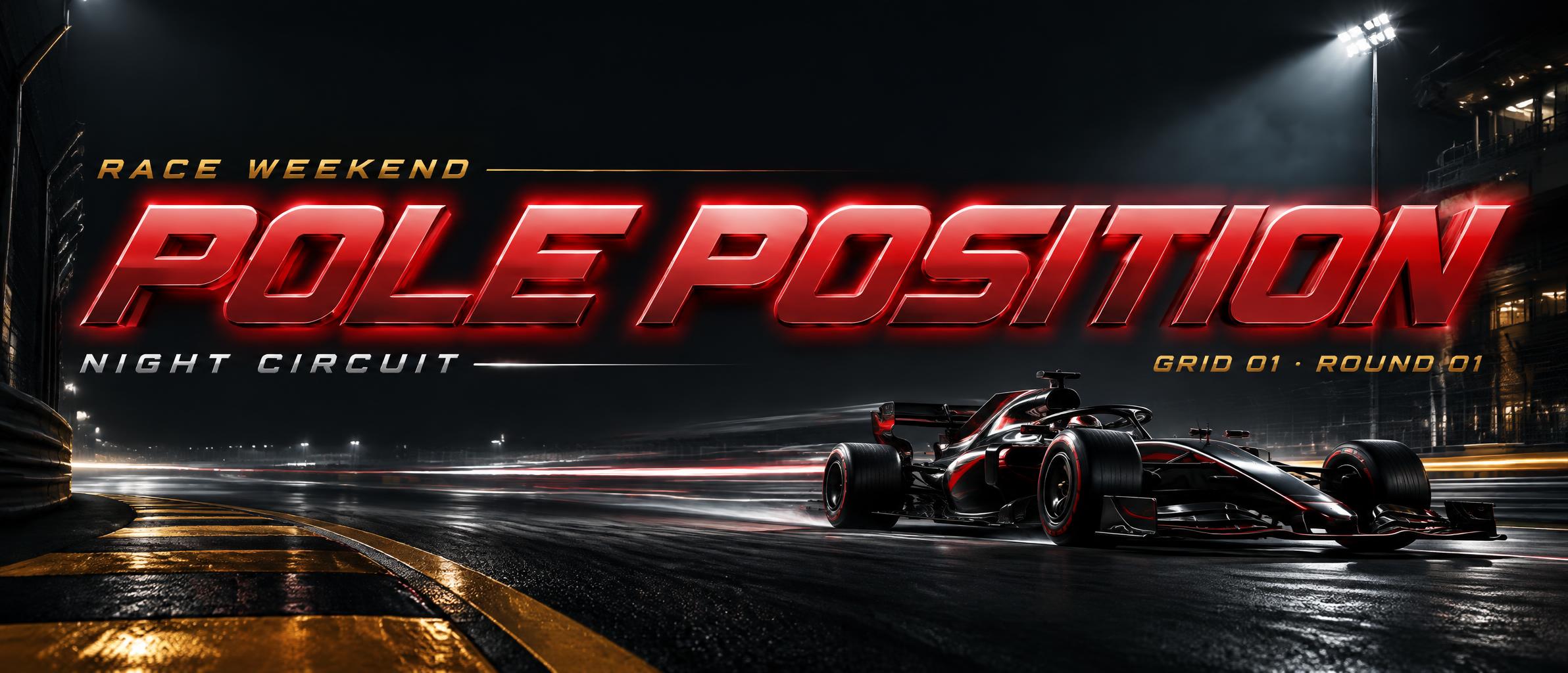 "POLE POSITION
RACE WEEKEND
NIGHT CIRCUIT
GRID 01 · ROUND 01" — Racing | AI Text Effect Generator