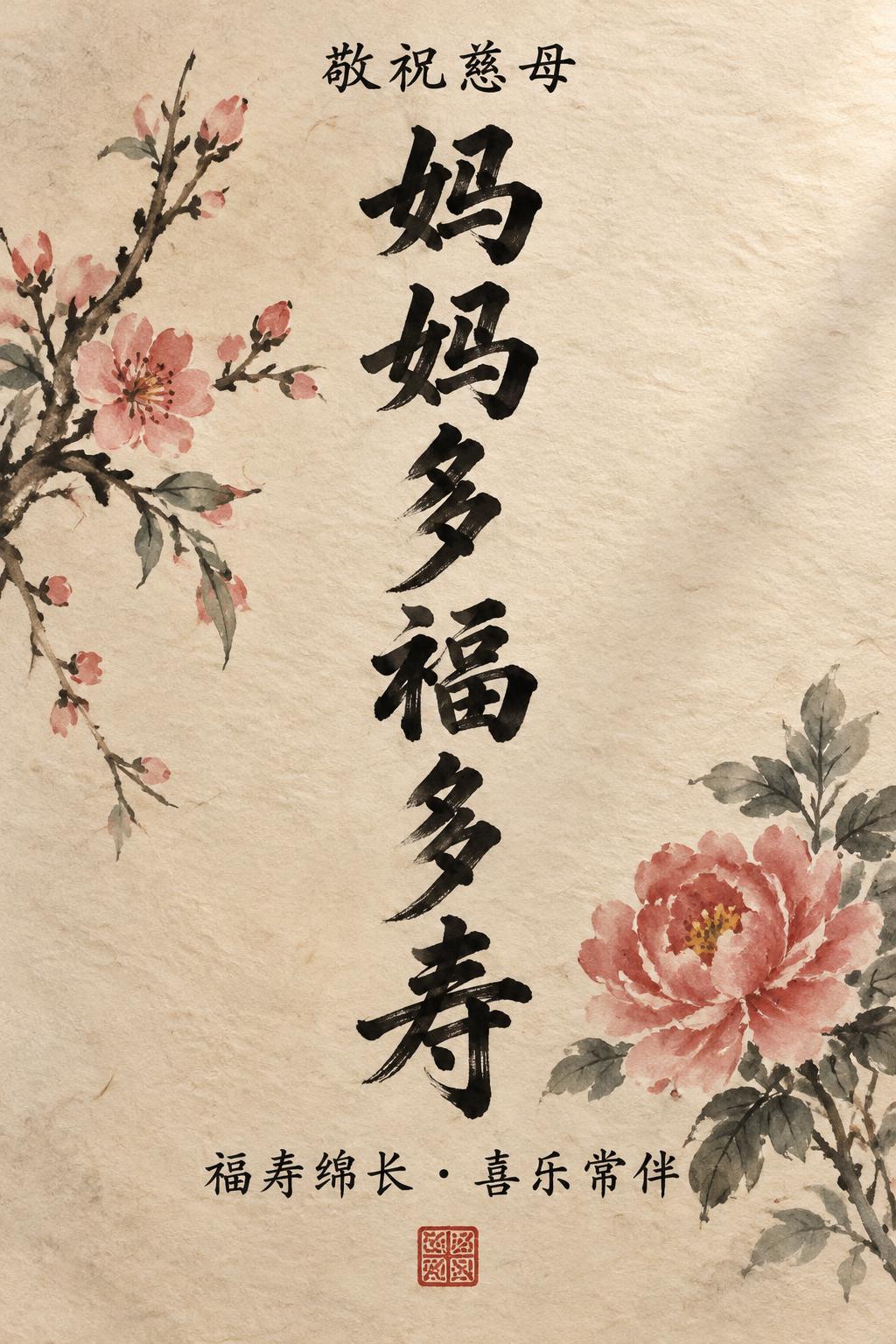 "妈妈多福多寿
福寿绵长 · 喜乐常伴
敬祝慈母" — Brush Stroke | AI Text Effect Generator