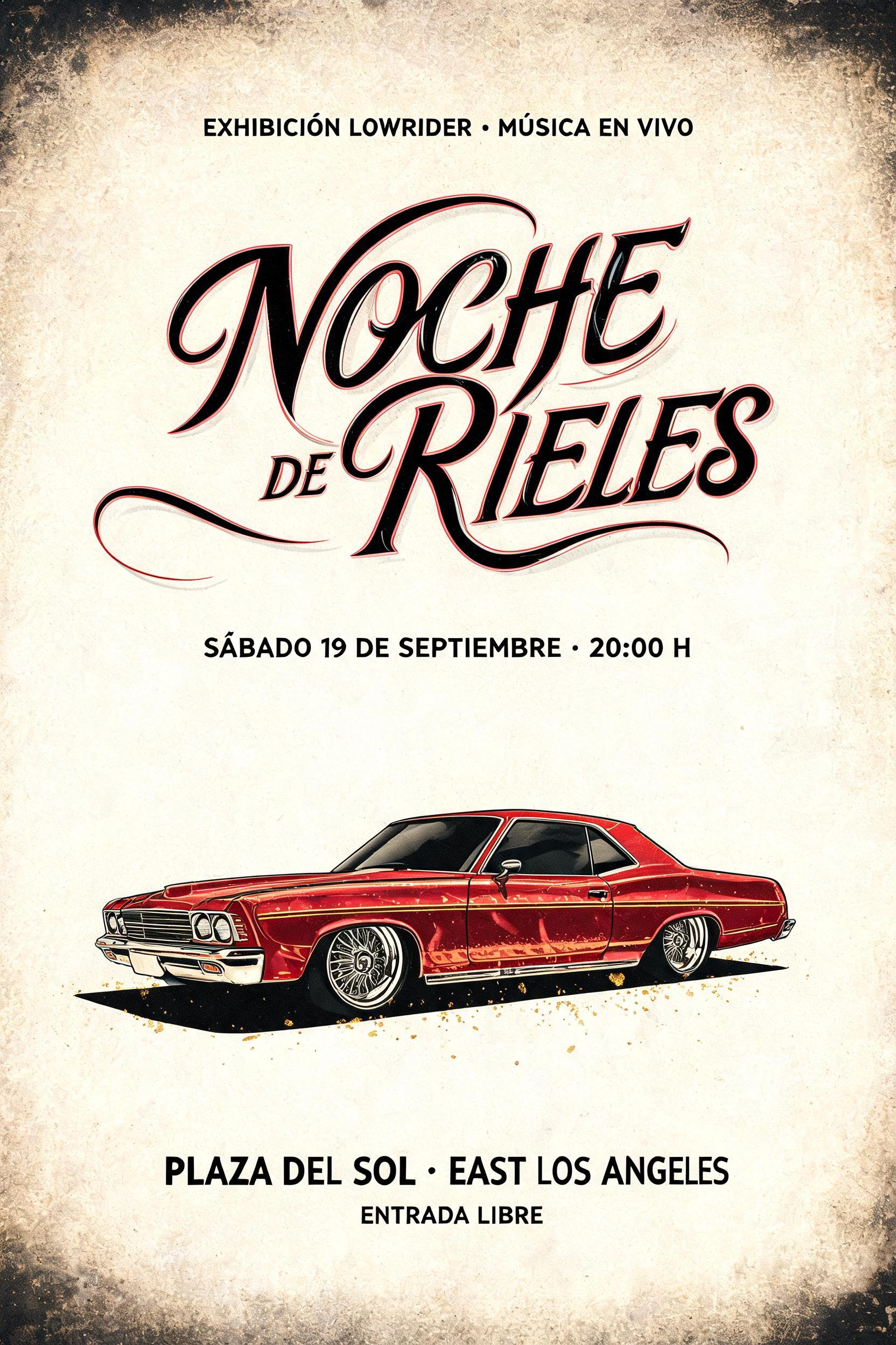 "NOCHE DE RIELES
EXHIBICIÓN LOWRIDER · MÚSICA EN VIVO
SÁBADO 19 DE SEPTIEMBRE · 20:00 H
PLAZA DEL SOL · EAST LOS ANGELES
ENTRADA LIBRE" — Chicano | AI Text Effect Generator