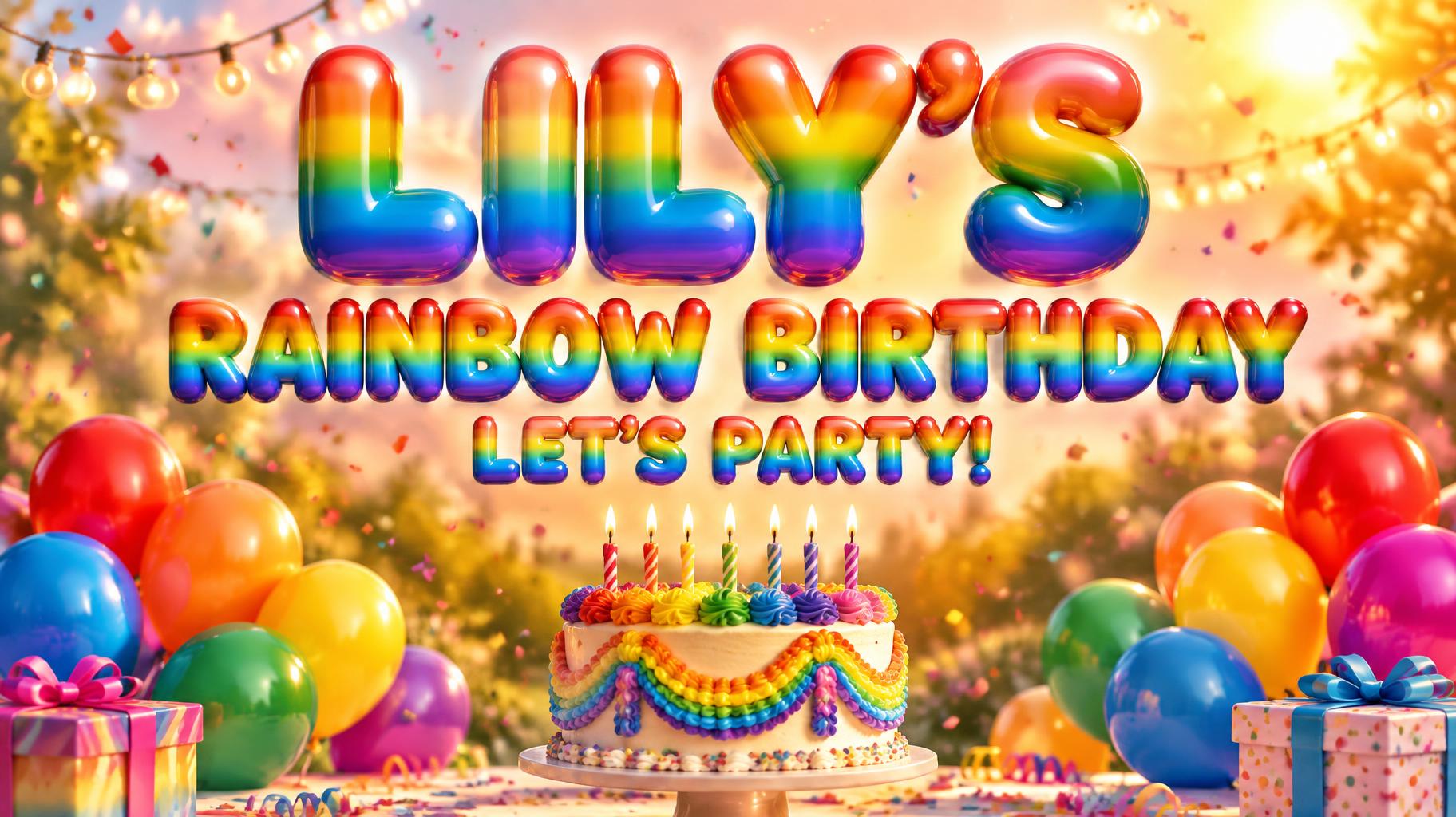 "LILY'S
RAINBOW BIRTHDAY
LET'S PARTY!" — Rainbow | AI Text Effect Generator