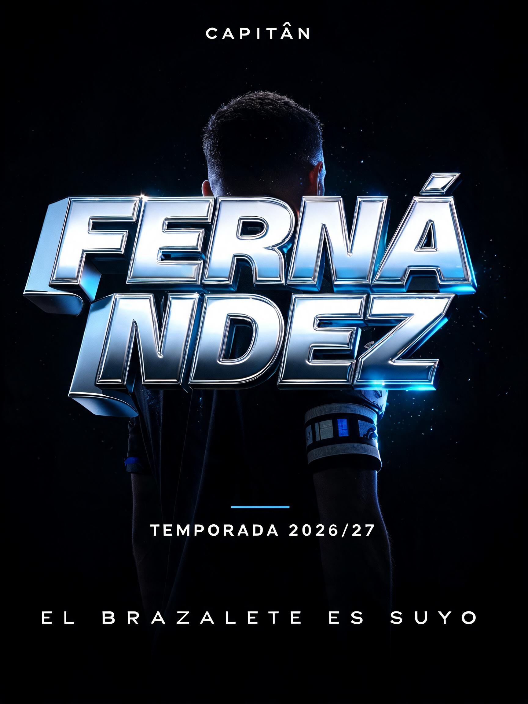 "CAPITÁN
FERNÁNDEZ
TEMPORADA 2026/27
EL BRAZALETE ES SUYO" — Chrome Metal 3d | AI Text Effect Generator