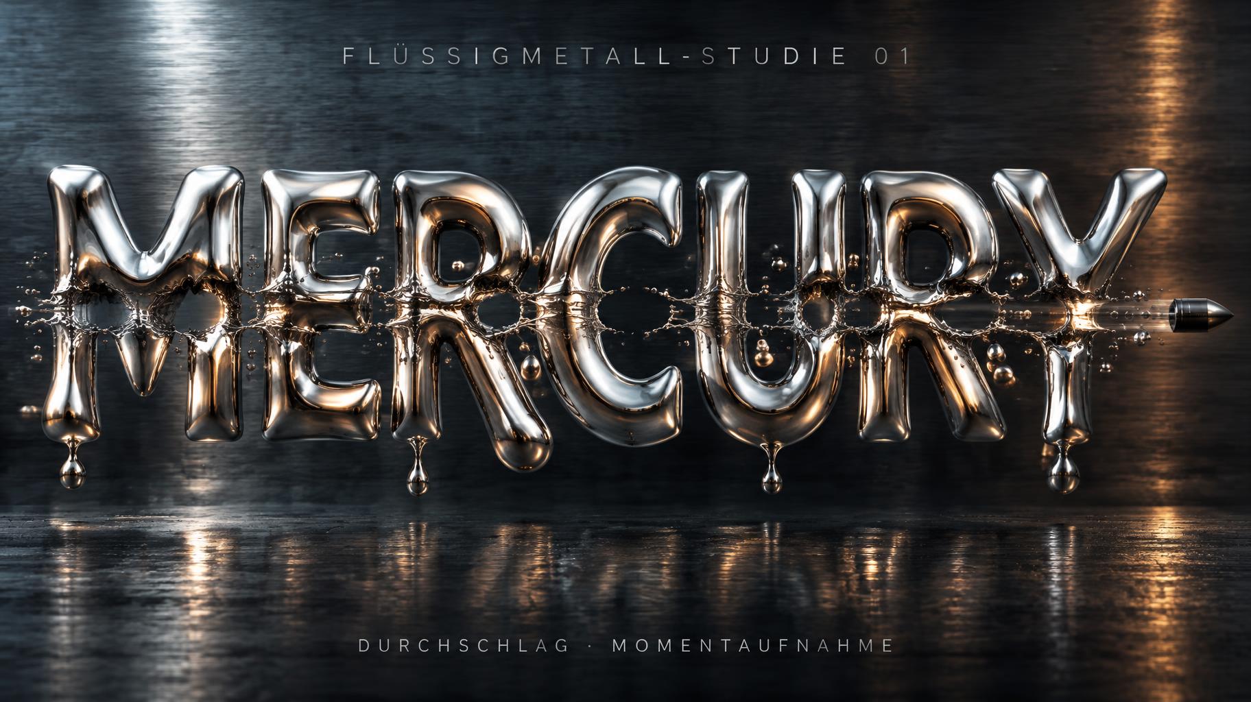 "MERCURY
FLÜSSIGMETALL-STUDIE 01
DURCHSCHLAG · MOMENTAUFNAHME" — metallic text effect