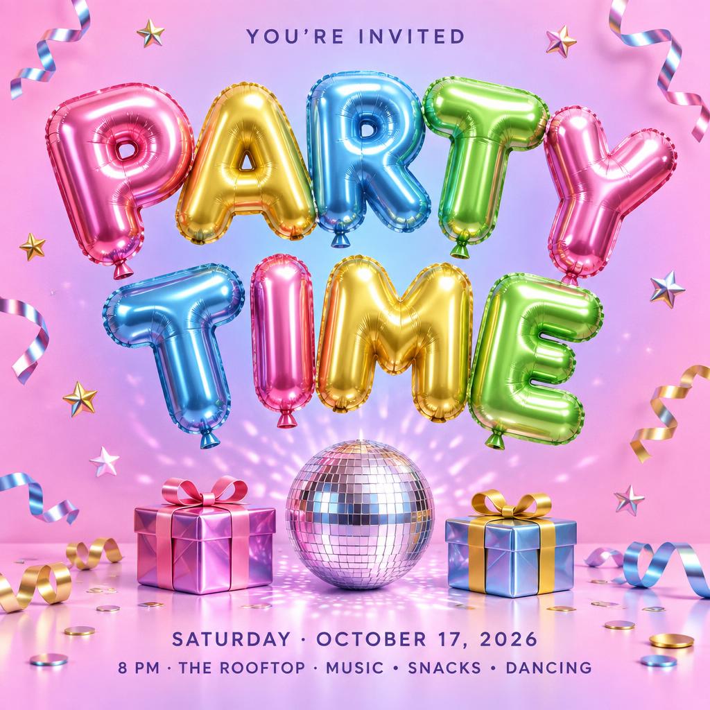 "PARTY TIME
YOU’RE INVITED
SATURDAY · OCTOBER 17, 2026
8 PM · THE ROOFTOP · MUSIC • SNACKS • DANCING" — Y2k Bubbly | AI Text Effect Generator