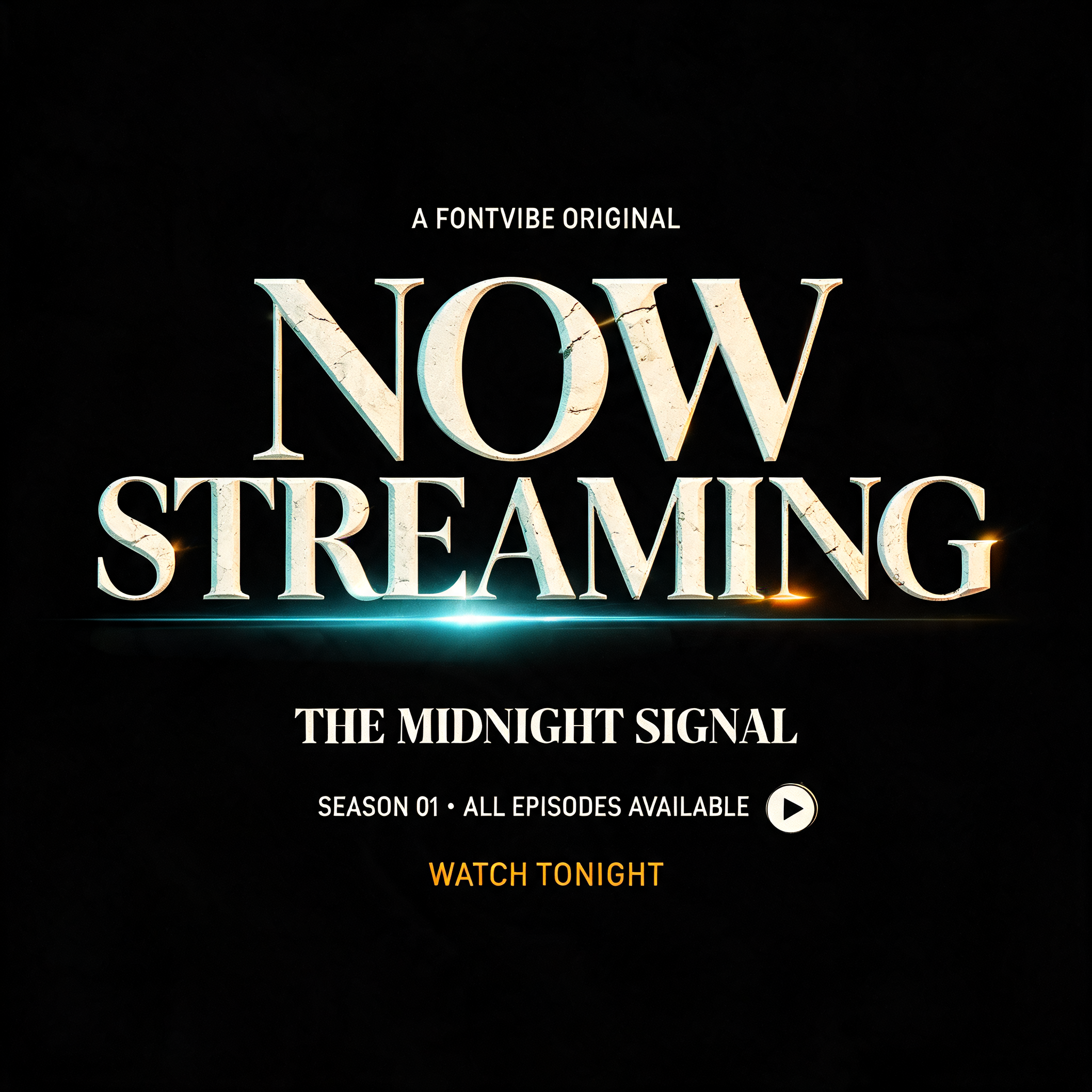 "A FONTVIBE ORIGINAL
NOW
STREAMING
THE MIDNIGHT SIGNAL
SEASON 01 • ALL EPISODES AVAILABLE
WATCH TONIGHT" — Cinematic Netflix | AI Text Effect Generator