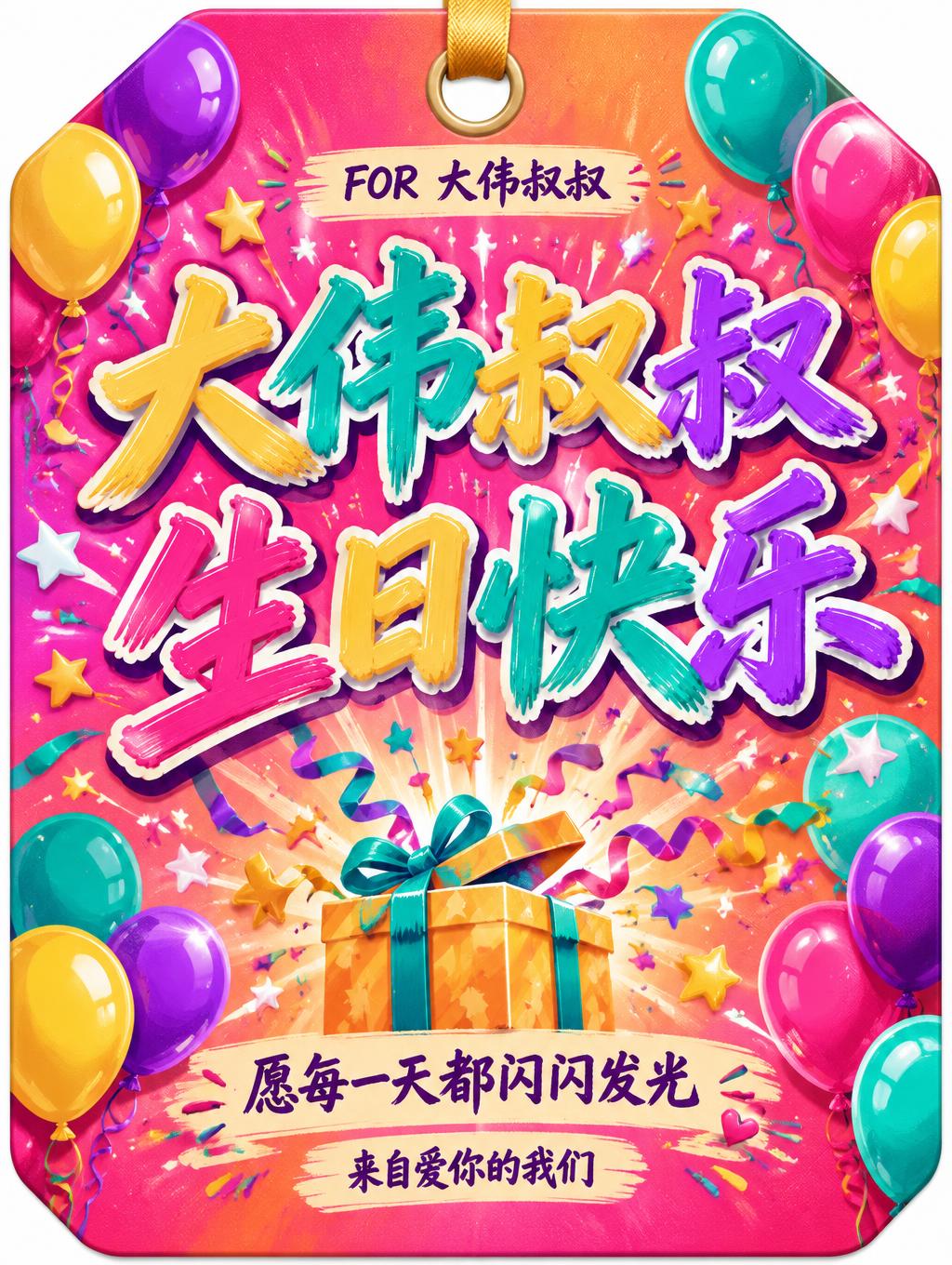 "大伟叔叔
生日快乐
FOR 大伟叔叔
愿每一天都闪闪发光
来自爱你的我们" — Birthday | AI Text Effect Generator