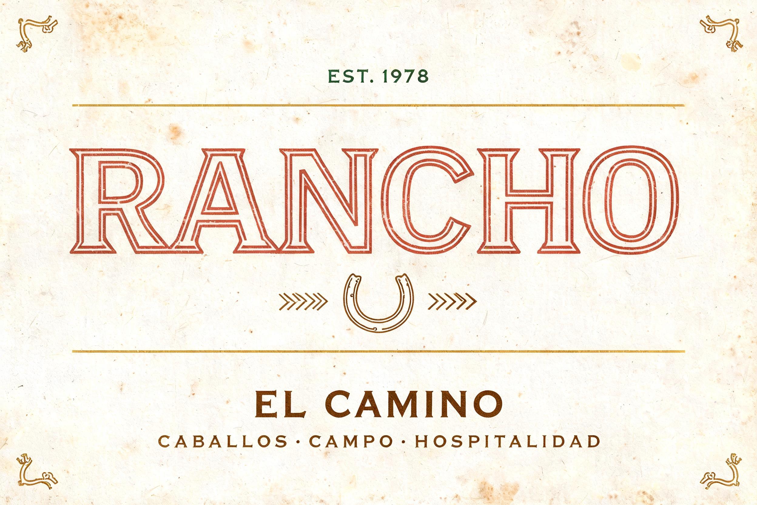"RANCHO
EST. 1978
EL CAMINO
CABALLOS · CAMPO · HOSPITALIDAD" — Vintage | AI Text Effect Generator