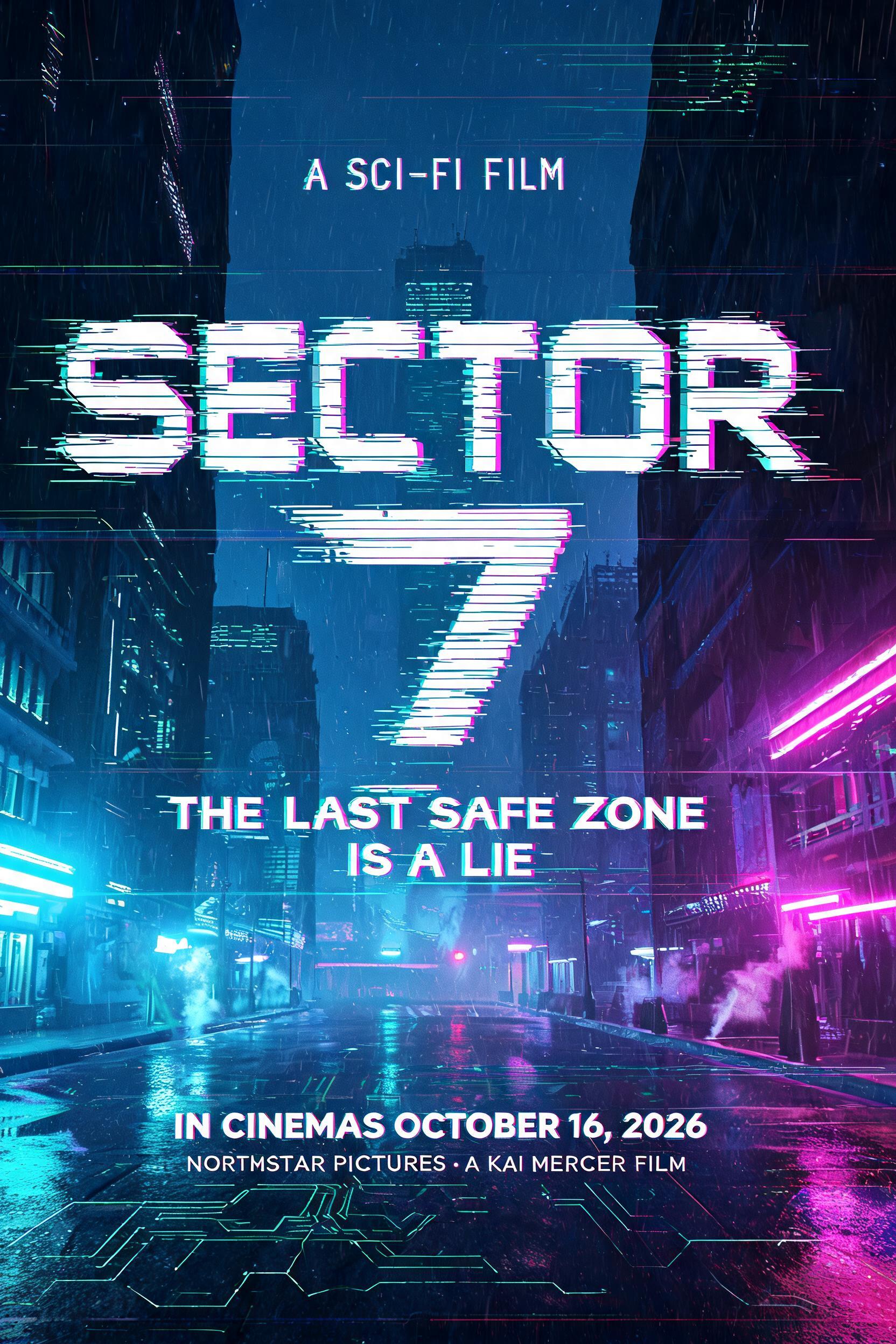"SECTOR 7
A SCI-FI FILM
THE LAST SAFE ZONE IS A LIE
IN CINEMAS OCTOBER 16, 2026
NORTHSTAR PICTURES · A KAI MERCER FILM" — Cyberpunk | AI Text Effect Generator