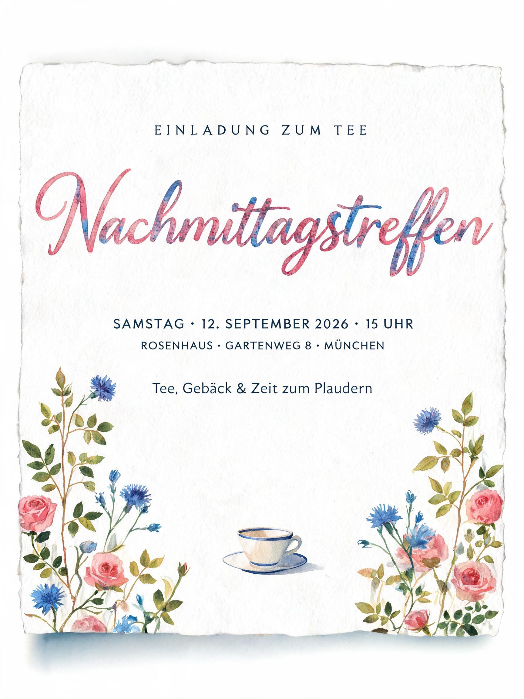 "Nachmittagstreffen
EINLADUNG ZUM TEE
SAMSTAG · 12. SEPTEMBER 2026 · 15 UHR
ROSENHAUS · GARTENWEG 8 · MÜNCHEN
Tee, Gebäck & Zeit zum Plaudern" — watercolor text effect