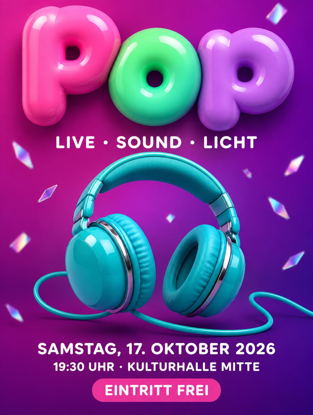 "Pop
LIVE · SOUND · LICHT
SAMSTAG, 17. OKTOBER 2026
19:30 UHR · KULTURHALLE MITTE
EINTRITT FREI" — 3d Bold Inflated | AI Text Effect Generator