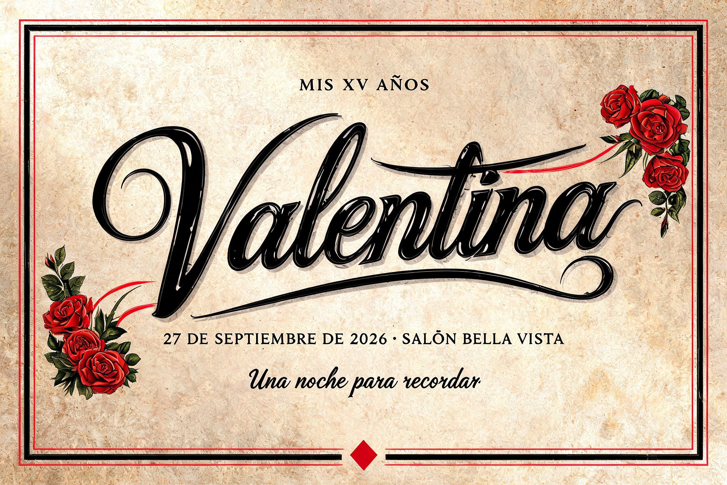Valentina
MIS XV AÑOS
27 DE SEPTIEMBRE DE 2026 · SALÓN BELLA VISTA
Una noche para recordar