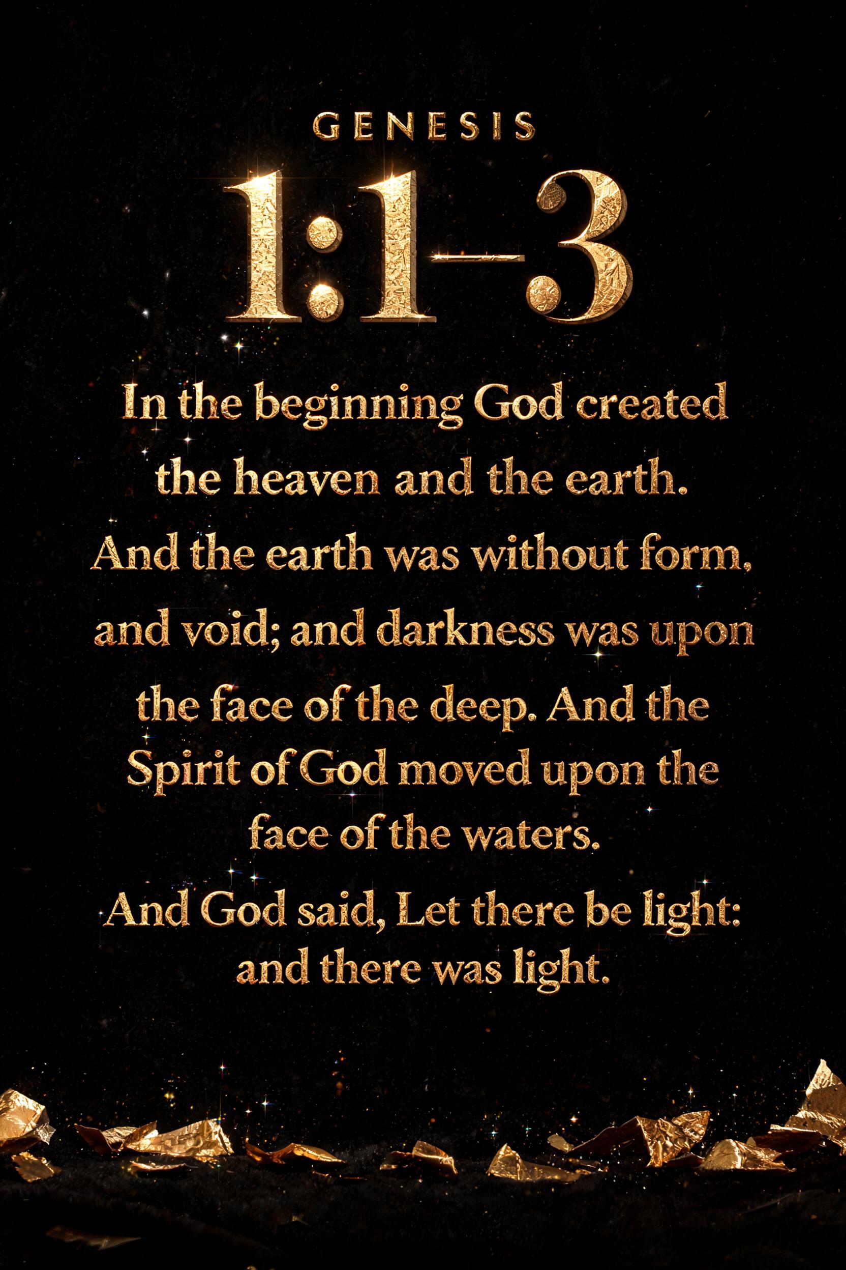 "GENESIS
1:1–3
In the beginning God created
the heaven and the earth.
And the earth was without form,
and void; and darkness was upon
the face of the deep. And the Spirit of God moved upon the face of the waters.
And God said, Let there be light: and there was light." — luxury gold text effect