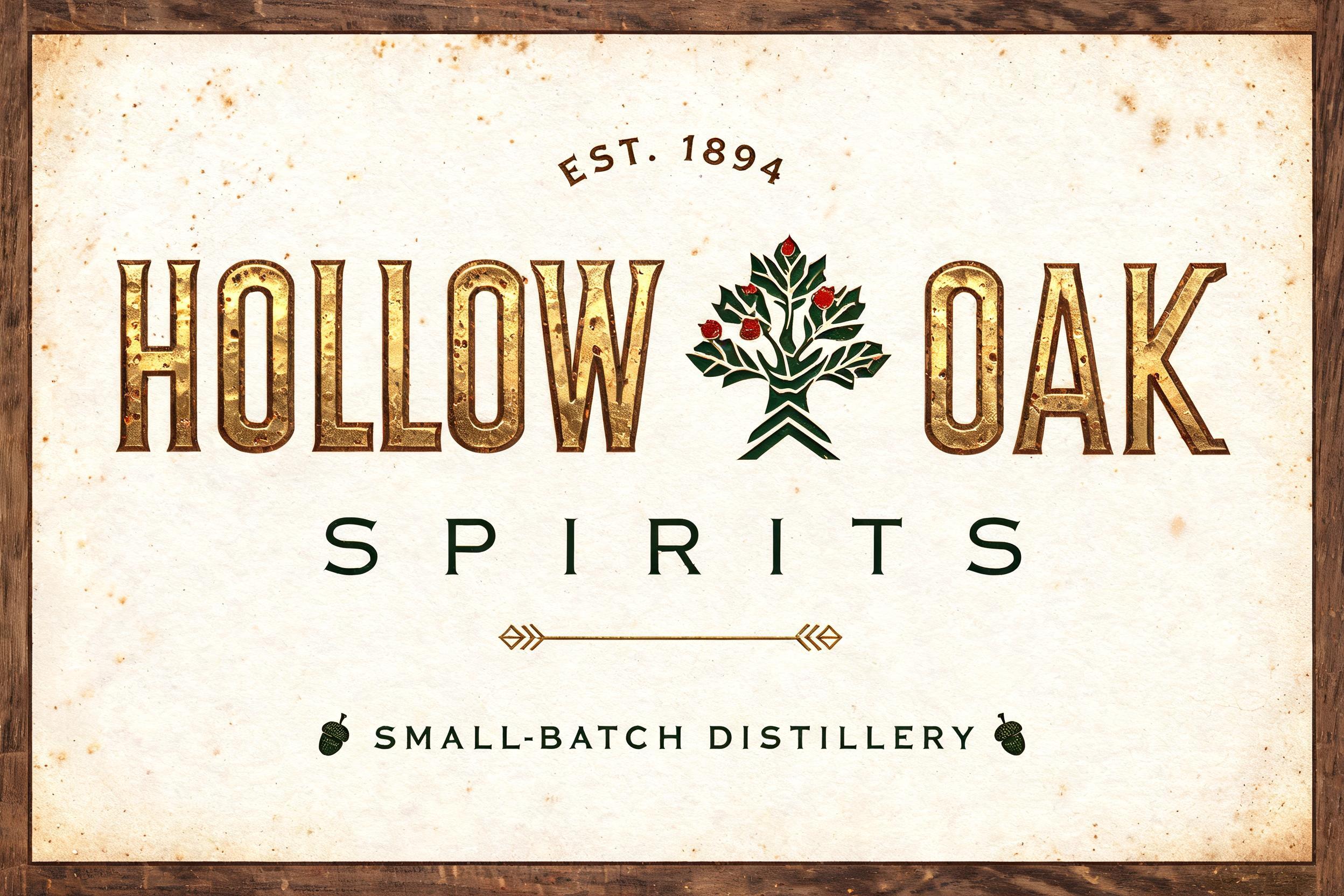 "HOLLOW OAK
SPIRITS
EST. 1894
SMALL-BATCH DISTILLERY" — Vintage | AI Text Effect Generator