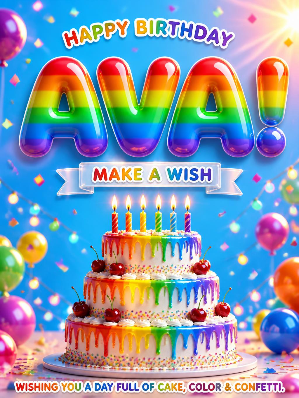 HAPPY BIRTHDAY
AVA!
MAKE A WISH
WISHING YOU A DAY FULL OF CAKE, COLOR & CONFETTI.