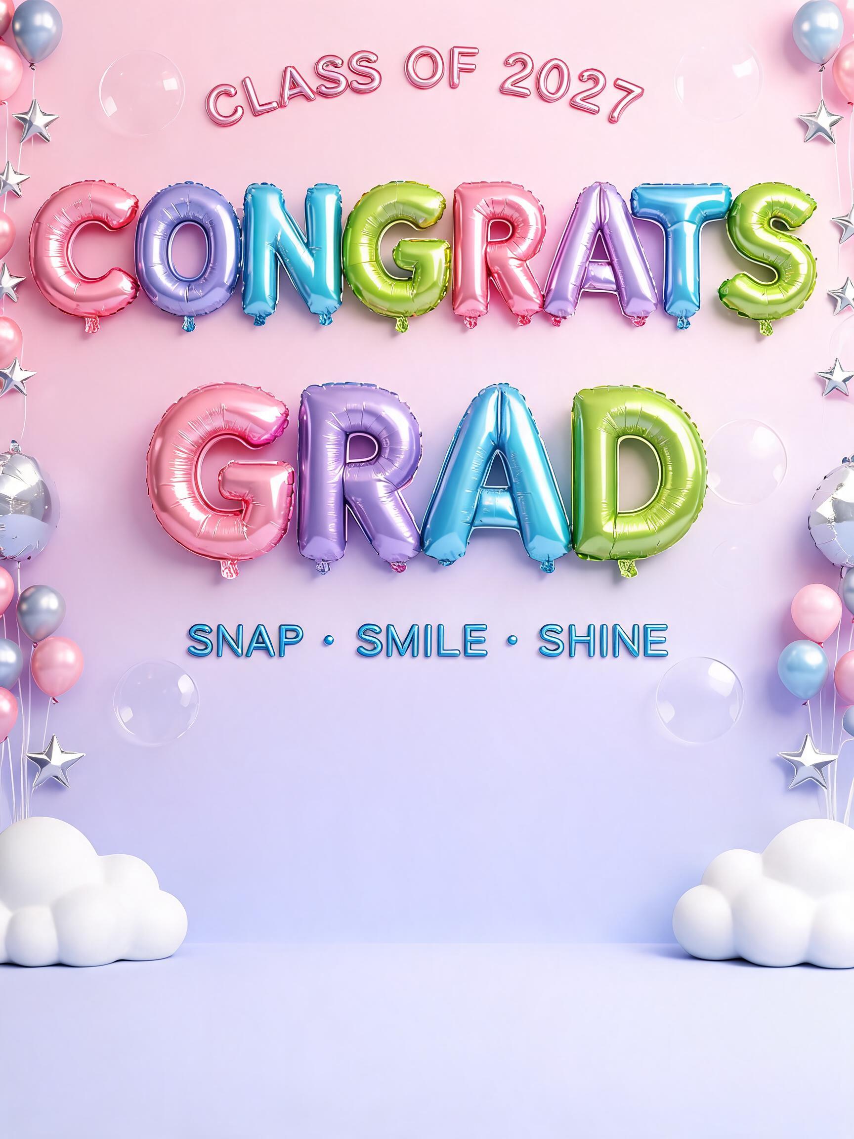 "CONGRATS
GRAD
CLASS OF 2027
SNAP • SMILE • SHINE" — Y2k Bubbly text effect