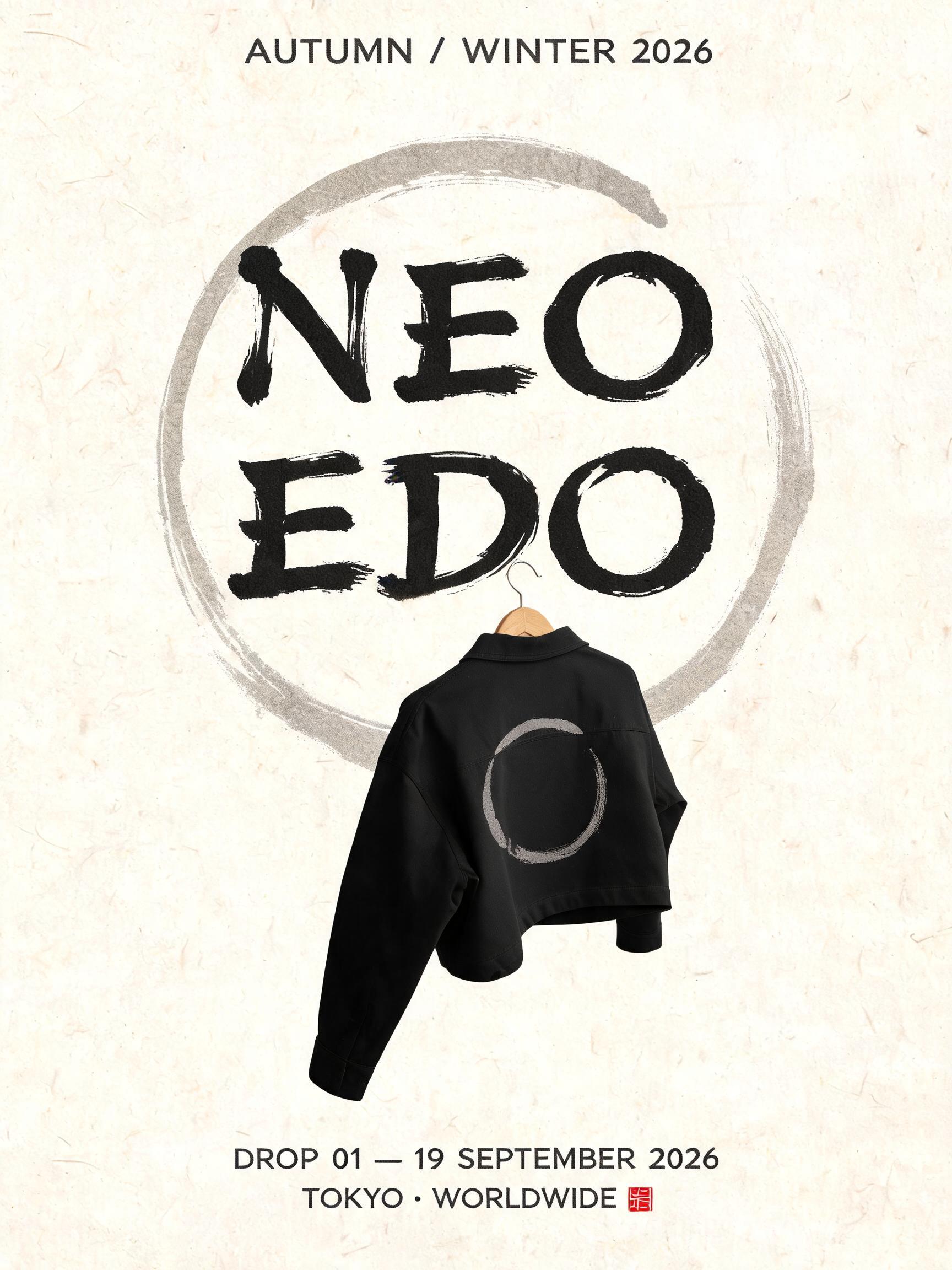 "NEO
EDO
AUTUMN / WINTER 2026
DROP 01 — 19 SEPTEMBER 2026
TOKYO · WORLDWIDE" — Brush Japanese Ink | AI Text Effect Generator