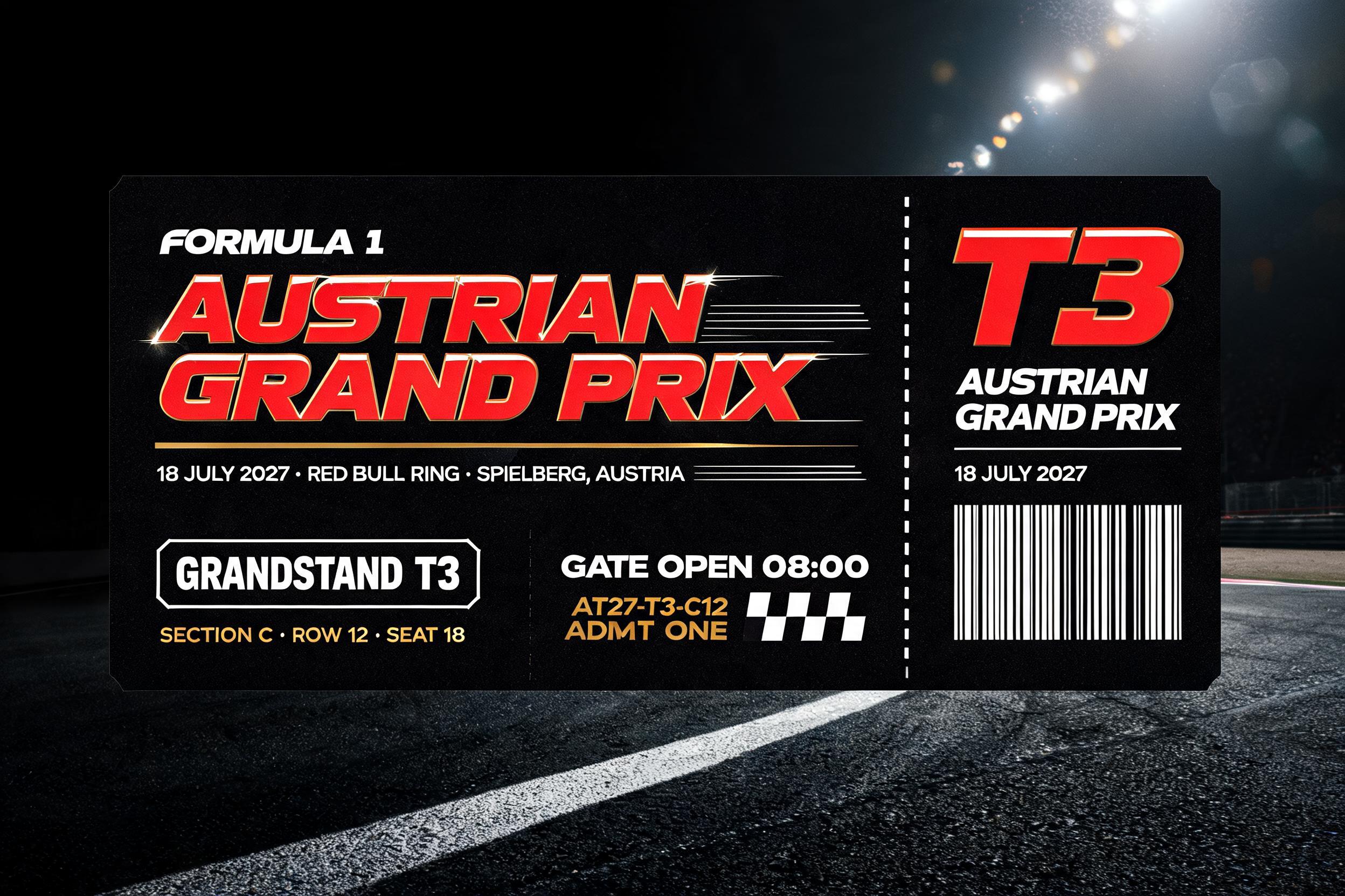 "FORMULA 1
AUSTRIAN
GRAND PRIX
18 JULY 2027 · RED BULL RING · SPIELBERG, AUSTRIA
GRANDSTAND T3
SECTION C · ROW 12 · SEAT 18
GATE OPEN 08:00
ADMIT ONE
AT27-T3-C12-018
T3
AUSTRIAN GRAND PRIX
18 JULY 2027" — Racing | AI Text Effect Generator